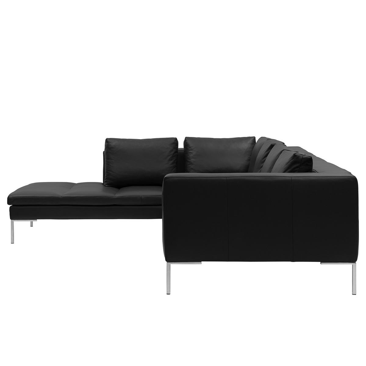 ECKSOFA mit Ottomane - Chromfarben/Schwarz, Leder/Metall (319/230cm) - home24