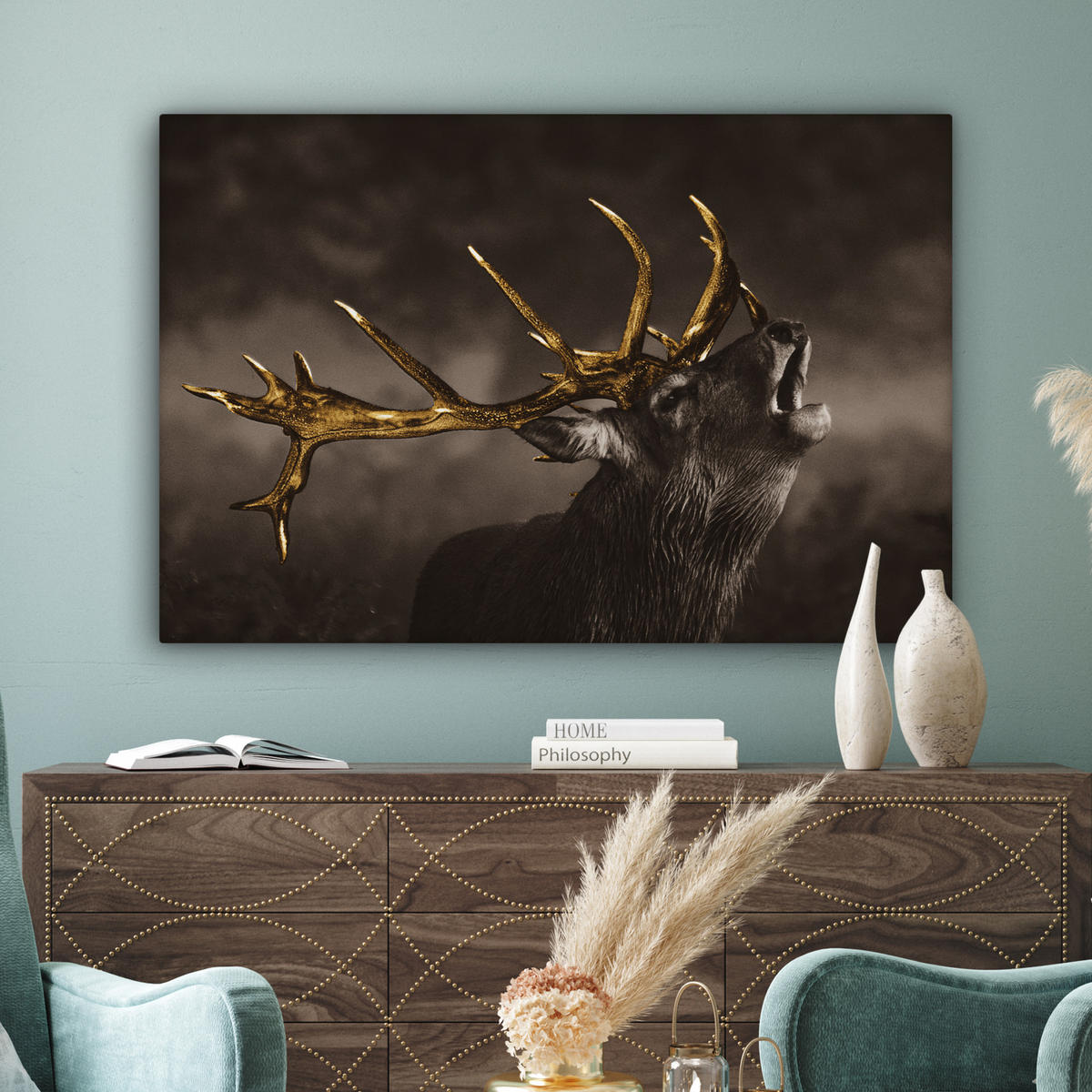 LEINWANDBILD Rotwild - Schwarz - Gold Groß 140x90 cm - Braun, Textil (140/90cm) - MuchoWow