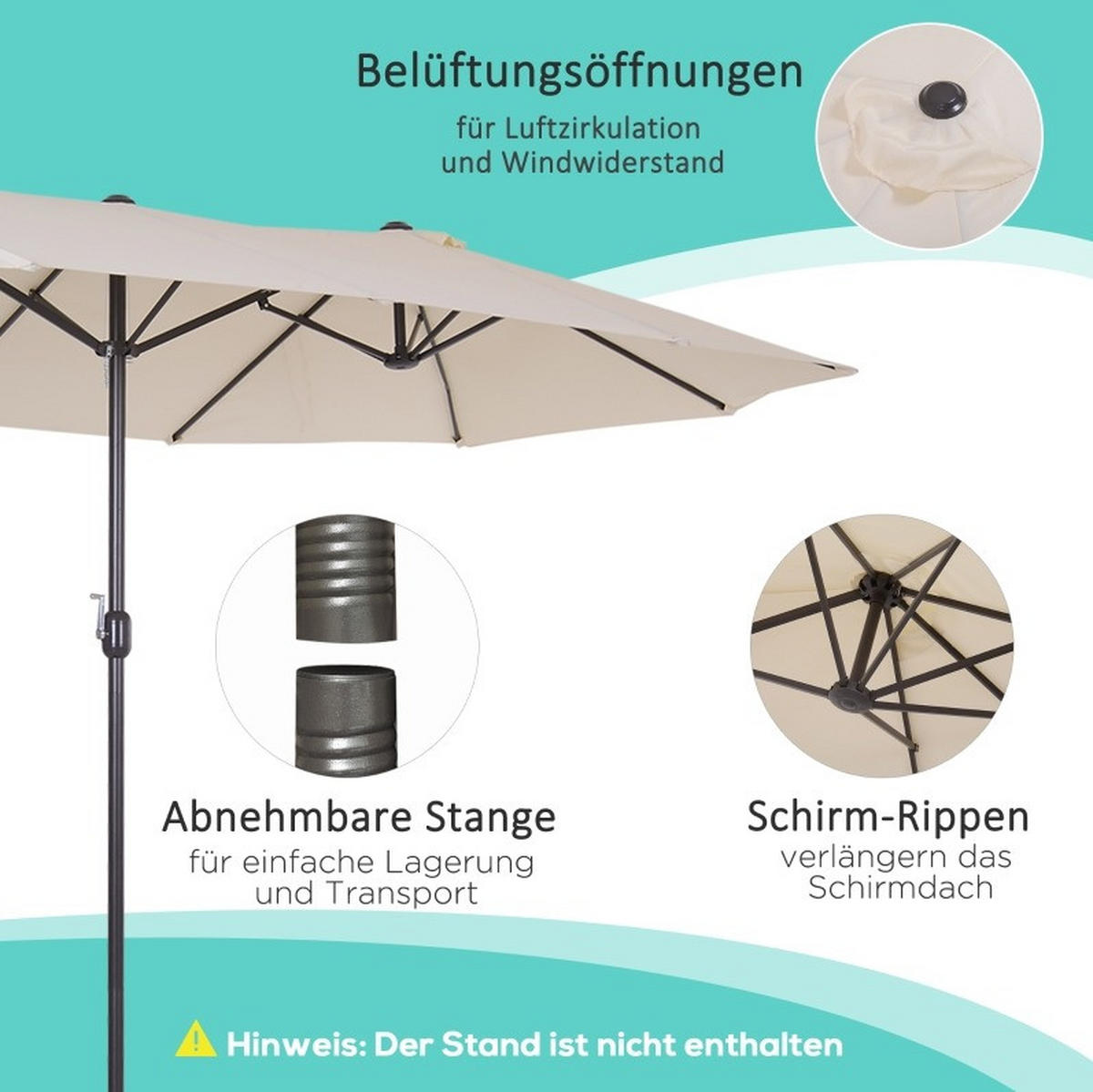 DOPPELSONNENSCHIRM aus Polyester & Metall 451x264x264 cm in Beige mit Kurbel - Beige, Metall (264/264cm) - Modfu