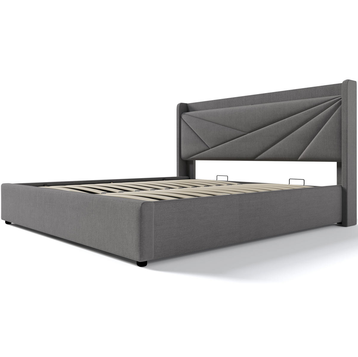 POLSTERBETT 160/200 cm mit Matratze USB-, Typ-C-Anschluss, Bettkasten und geometrischem Kopfteil, Grau - Grau, Textil (160/160cm) - Redom