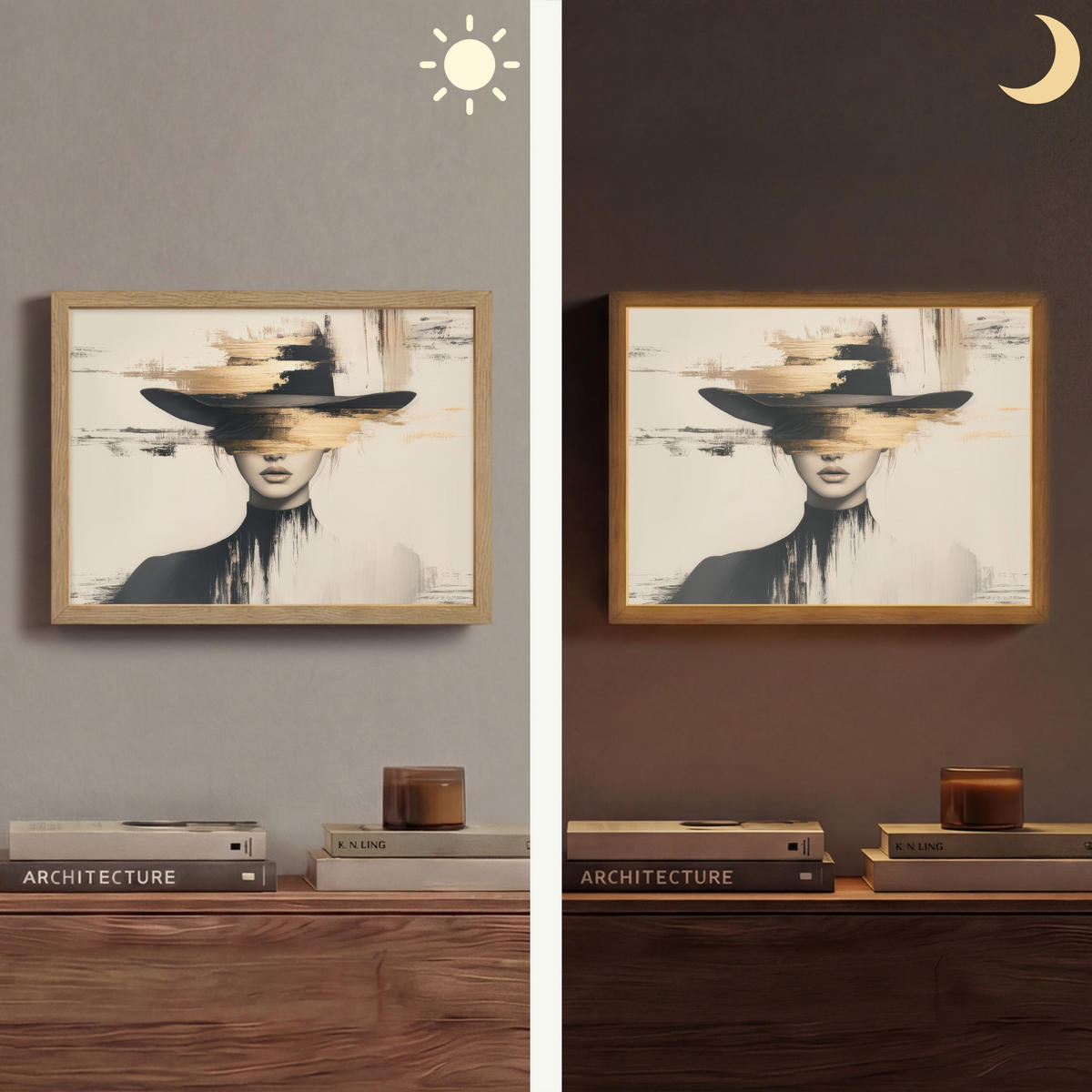 NÁSTĚNNÁ LAMPA S AKUMULÁTOREM Žena - klobouk - barva 40x30 cm - krémová, kompozitní dřevo (40/30/8cm) - OnlyWow