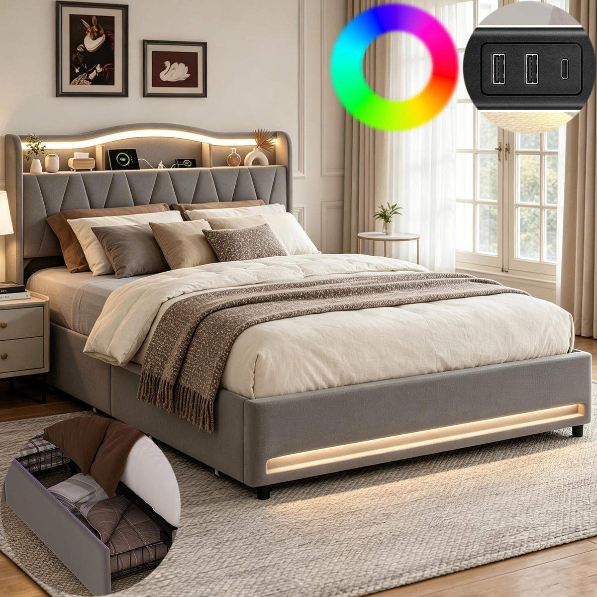 POLSTERBETT 160x200 mit stauraum, doppelbett mit LED, 4 Schubladen, Lattenrost, USB, Kopfteil, Samtstoff, Grau - Grau, Holz/Textil (160/200cm) - GENKI LIVING