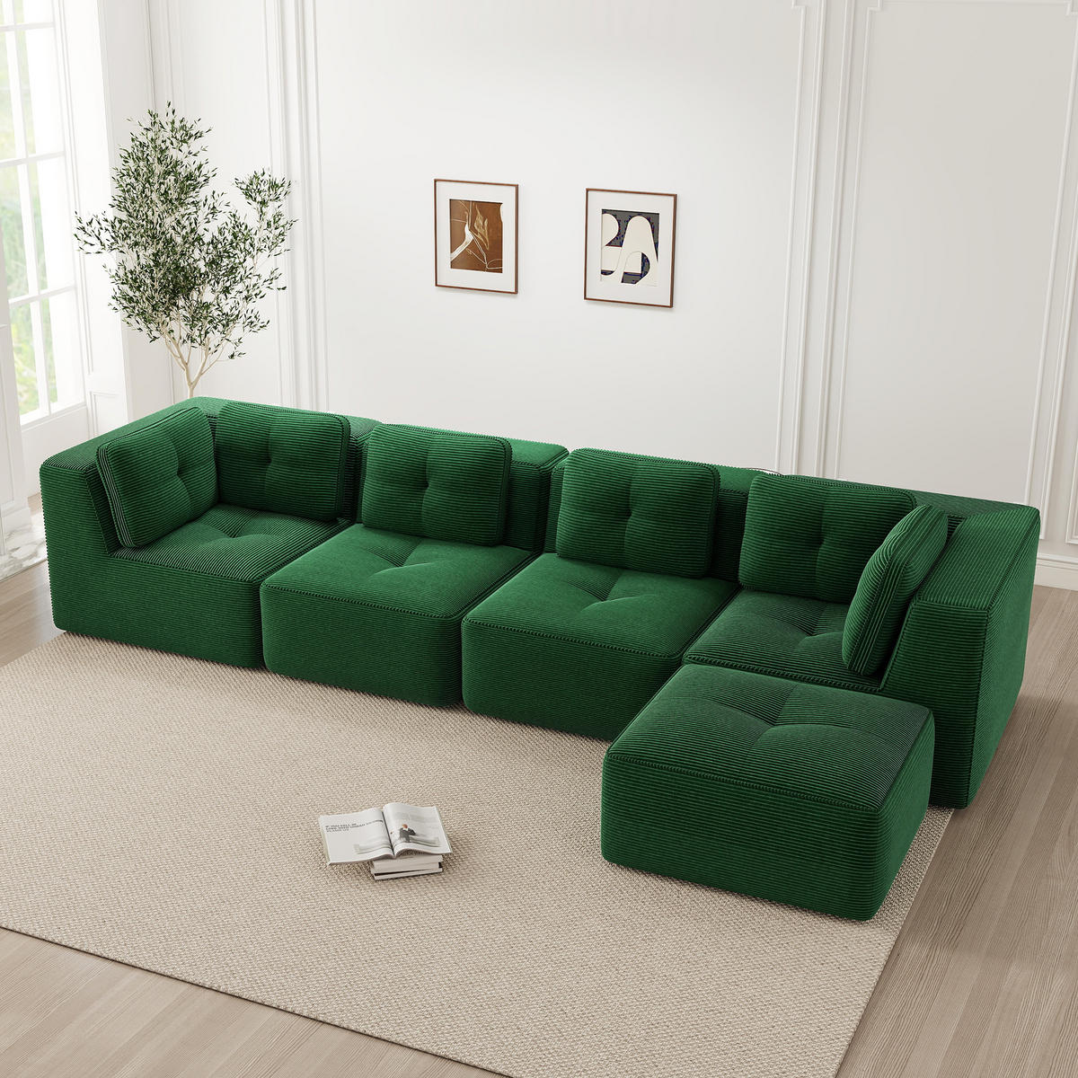 4-SITZER ECKSOFA Cord Grün mit Kissen und Hocker - Grün, Textil (386/177cm) - WISHDOR