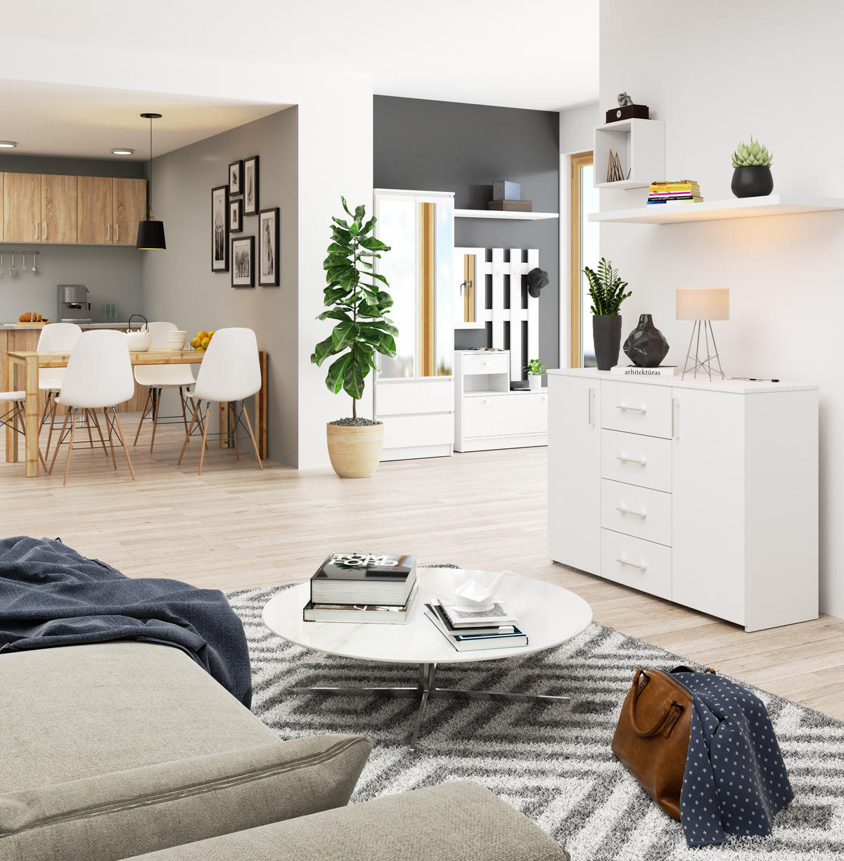 KOMMODE Weiß 110x35x80 cm - Silberfarben/Weiß, Holzwerkstoff/Kunststoff (110/80/35cm) - Akord