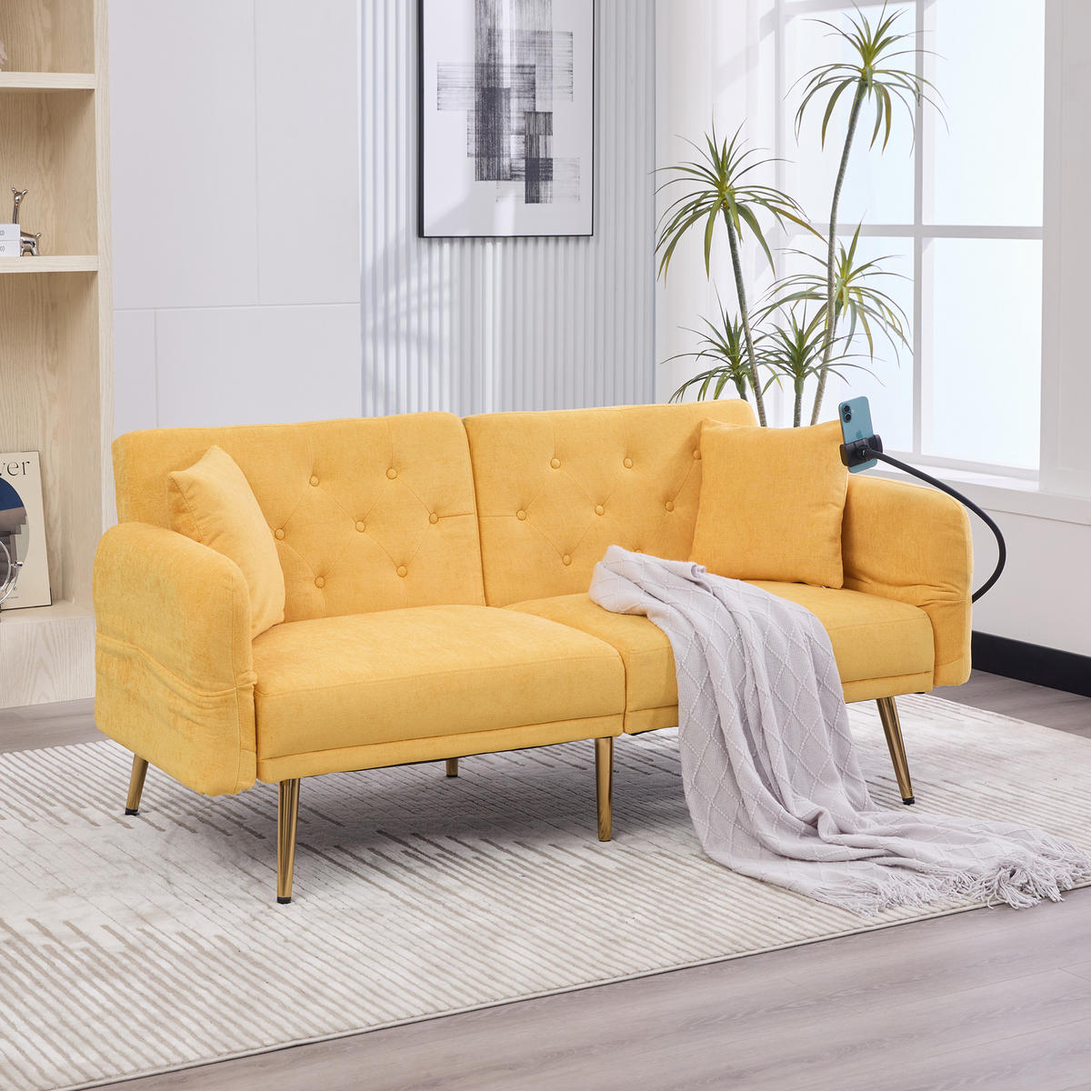SCHLAFSOFA 2-Sitzer mit USB, Handyhalter und Seitentasche - Gelb, Textil (173/78/78cm)