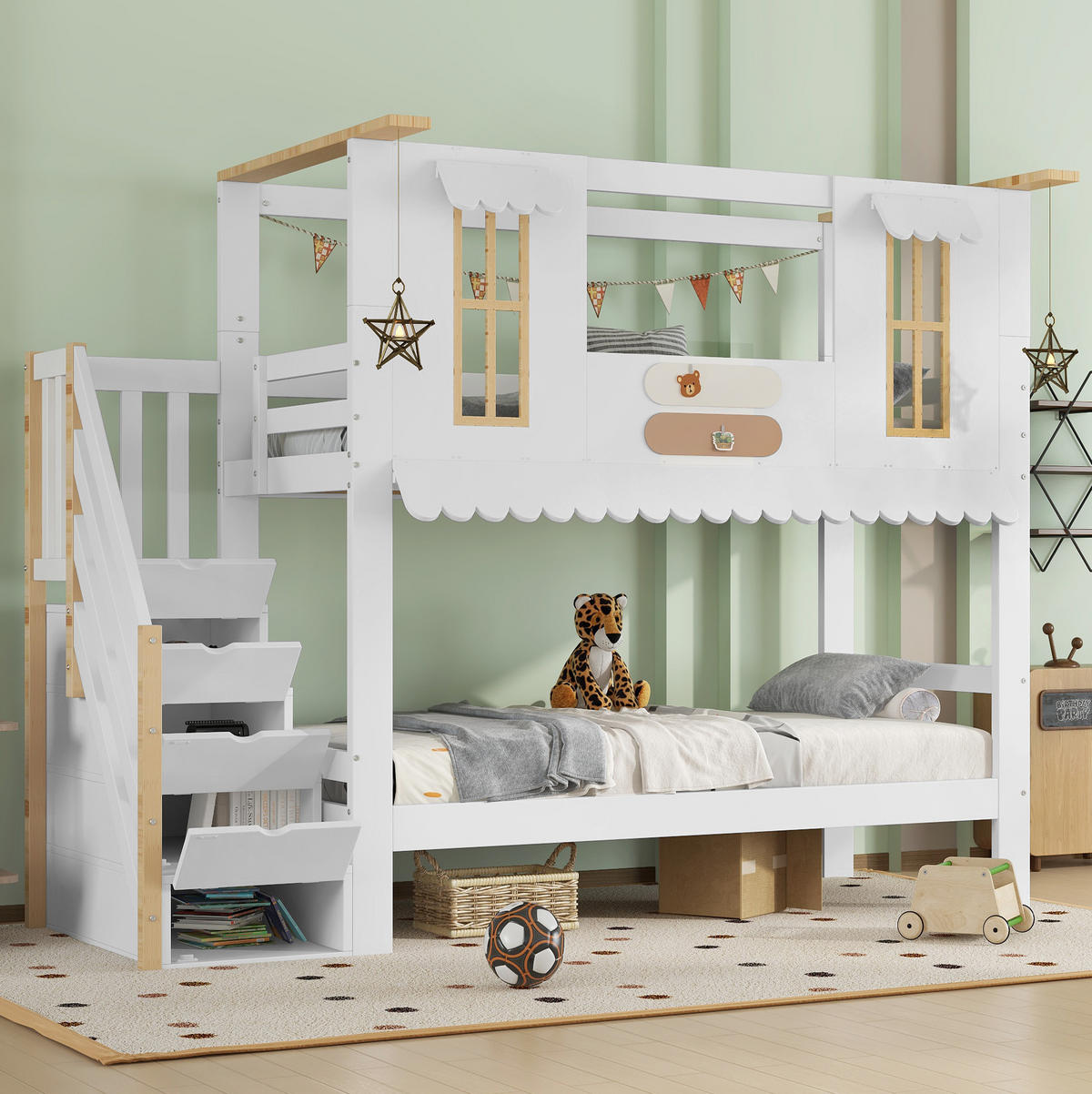 POSCHODOVÁ posteľ 90/200 cm biela/prírodná z masívneho dreva a MDF s úložnými schodmi - biela, drevo (90/200cm) - OKWISH