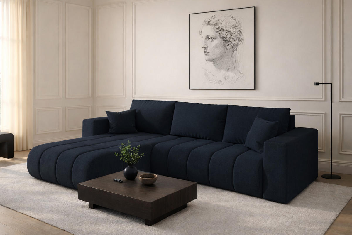 ECKSOFA mit schlaffunktion und bettkasten MILO PREMIUM, stoff WIND, Dunkelblau, Links - Dunkelblau, Holz (280/190cm) - Kaiser Möbel
