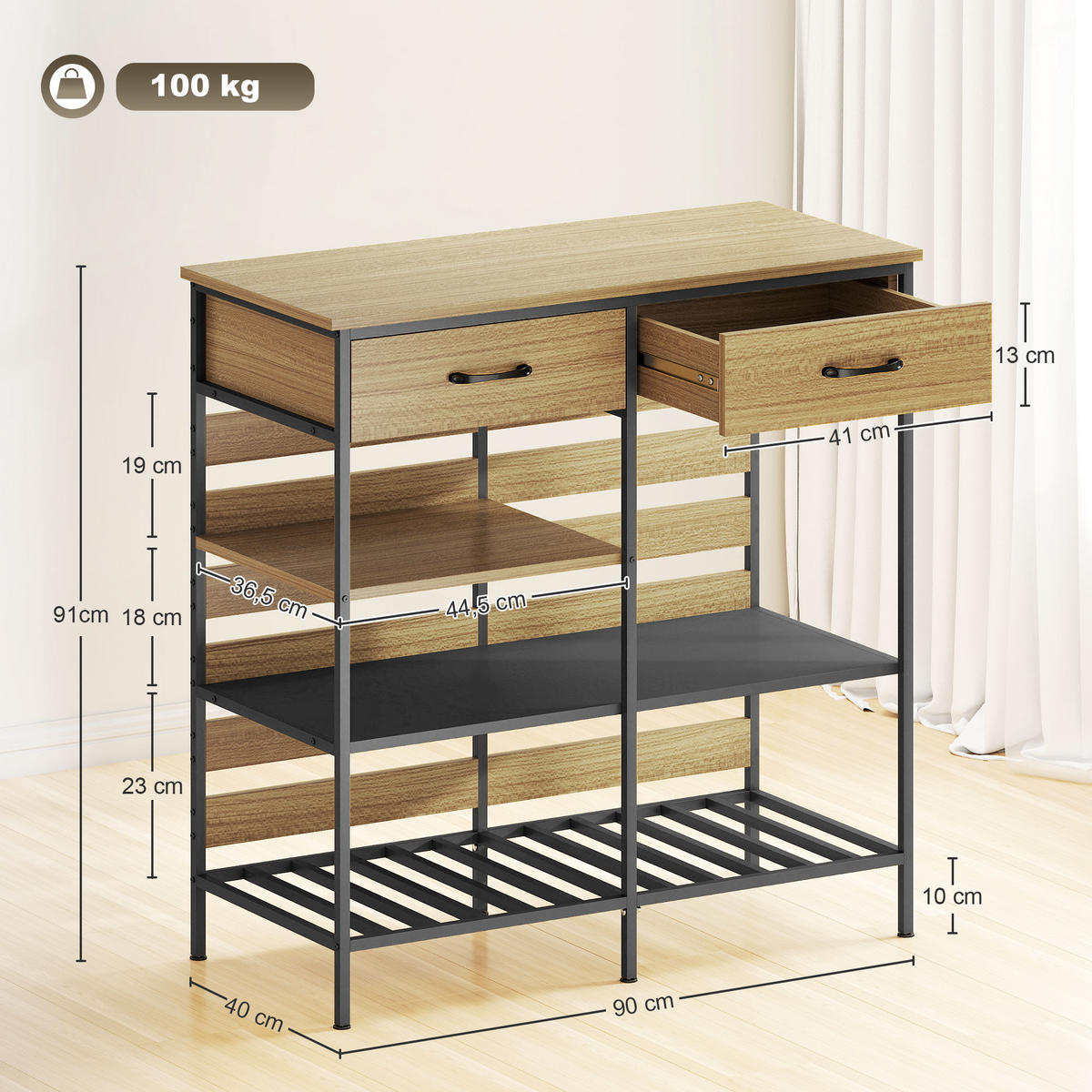 SIDEBOARD DE-11223 2 Schubladen & 3 offene Fächer Naturholz/Schwarz - Naturfarben, Holzwerkstoff (90/91/40cm) - ComfortXL
