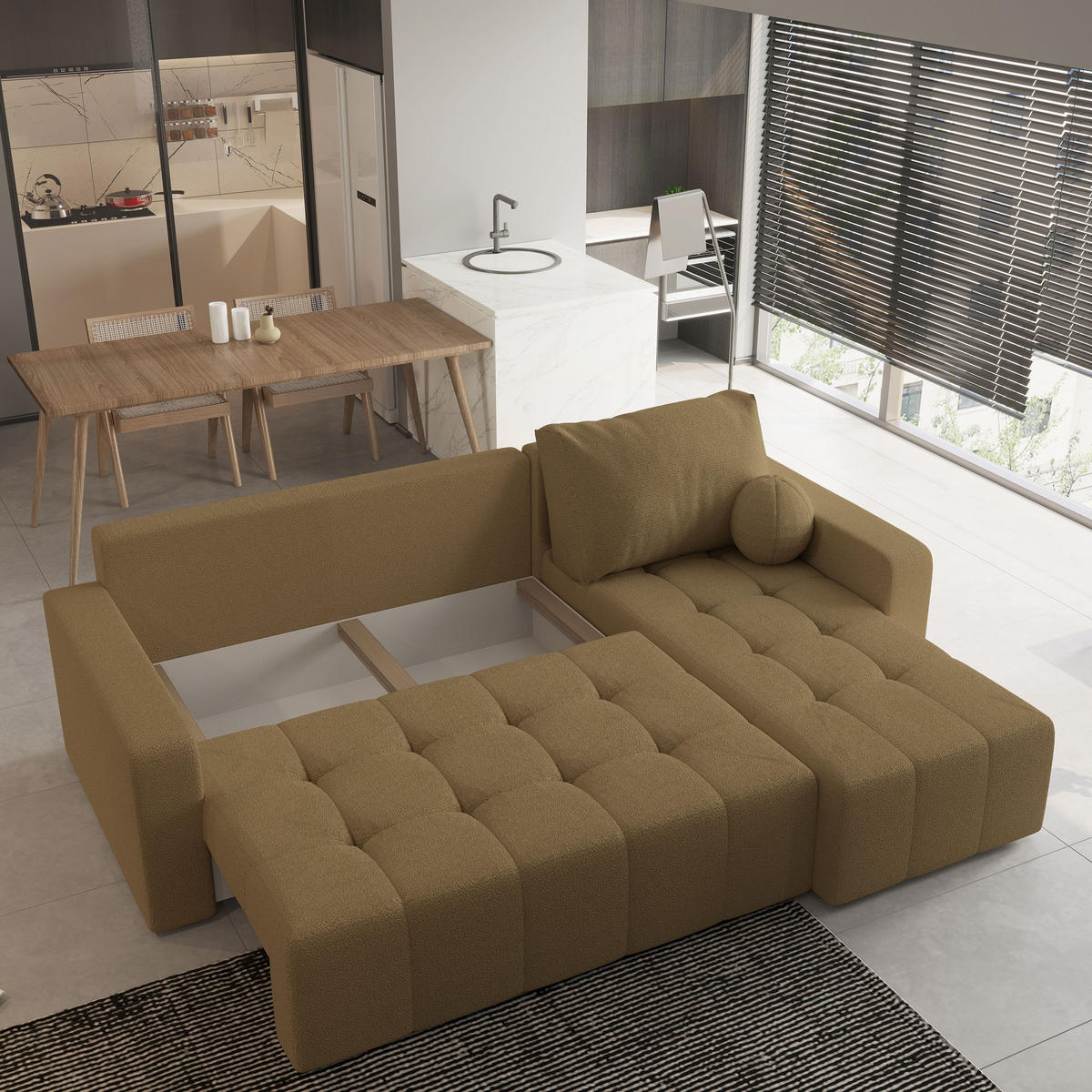 ECKSOFA VOLIRA Orange Boucle-Stoff mit Schlaffunktion - Orange, Holz (230/143cm) - MASSENO