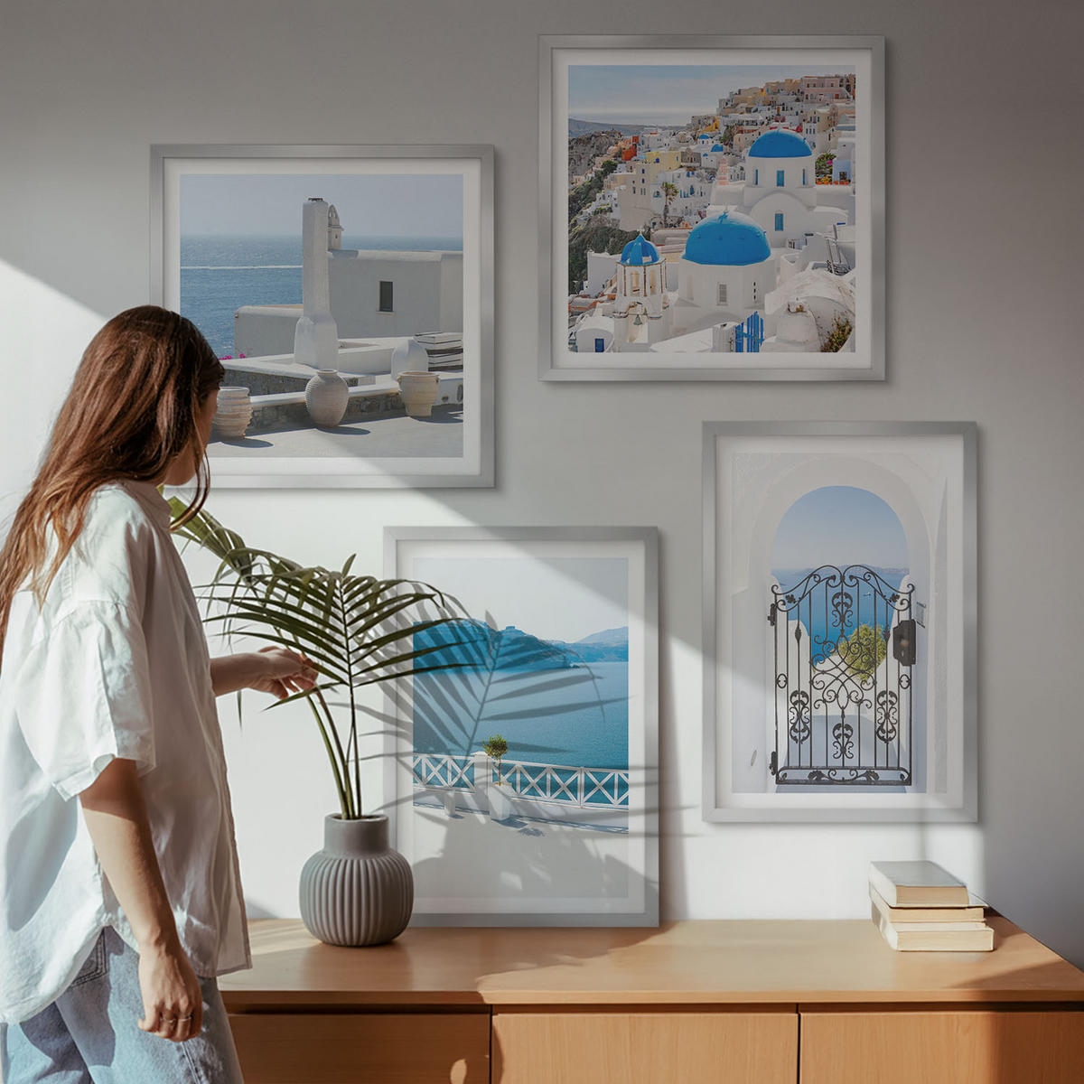 WANDBILDER 4er Set - 50x50 cm & 40x60 cm Silberner Rahmen - Gebäude am Weißen Meer, Griechenland - Silberfarben, Kunststoff (50/50cm) - ArtPrintCave