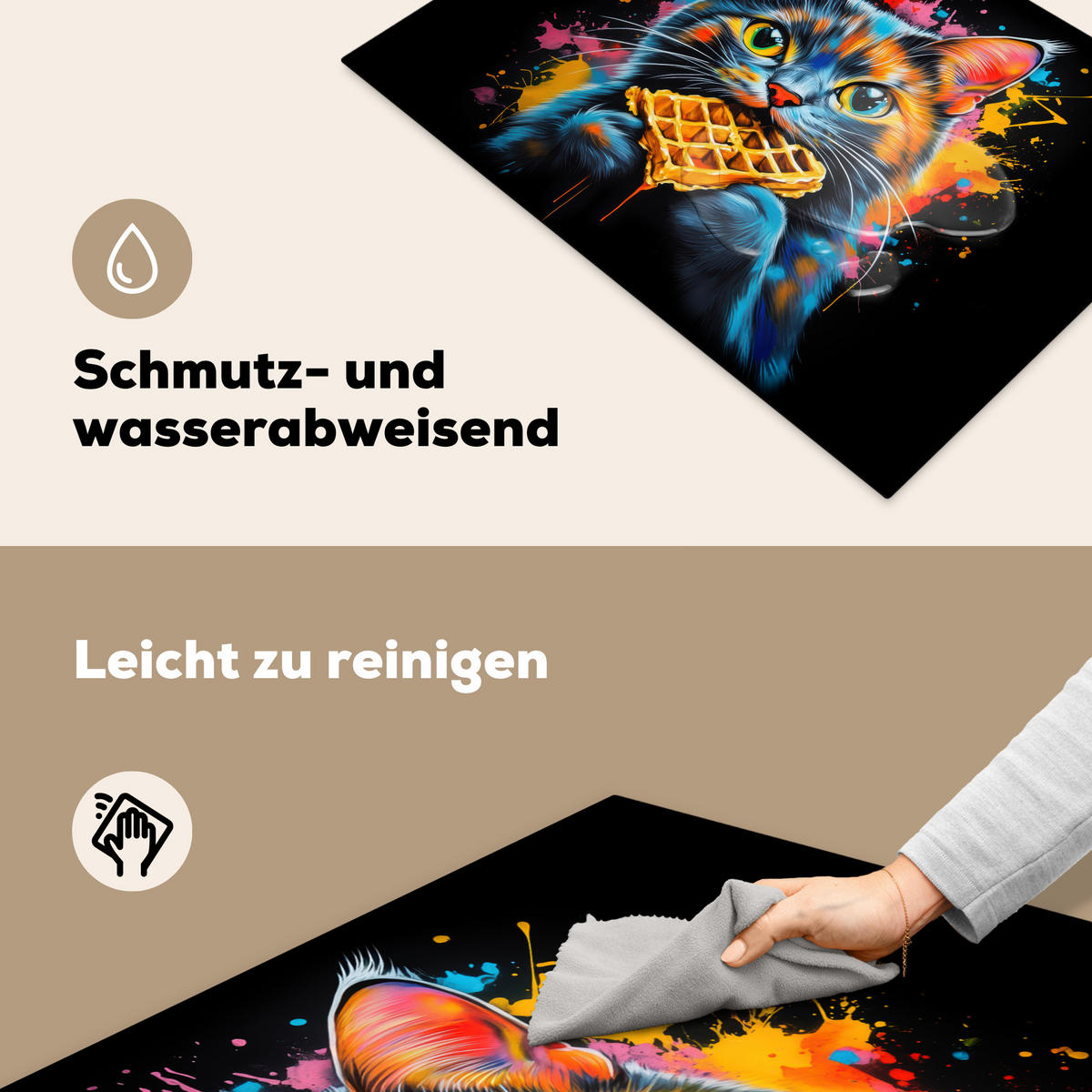 HERDABDECKPLATTE Katze - Graffiti - Bunt - Waffel - Essen Herdabdeckung Induktionsfeld 75x52 cm - Multicolor, Kunststoff (75/52/0.2cm) - MuchoWow