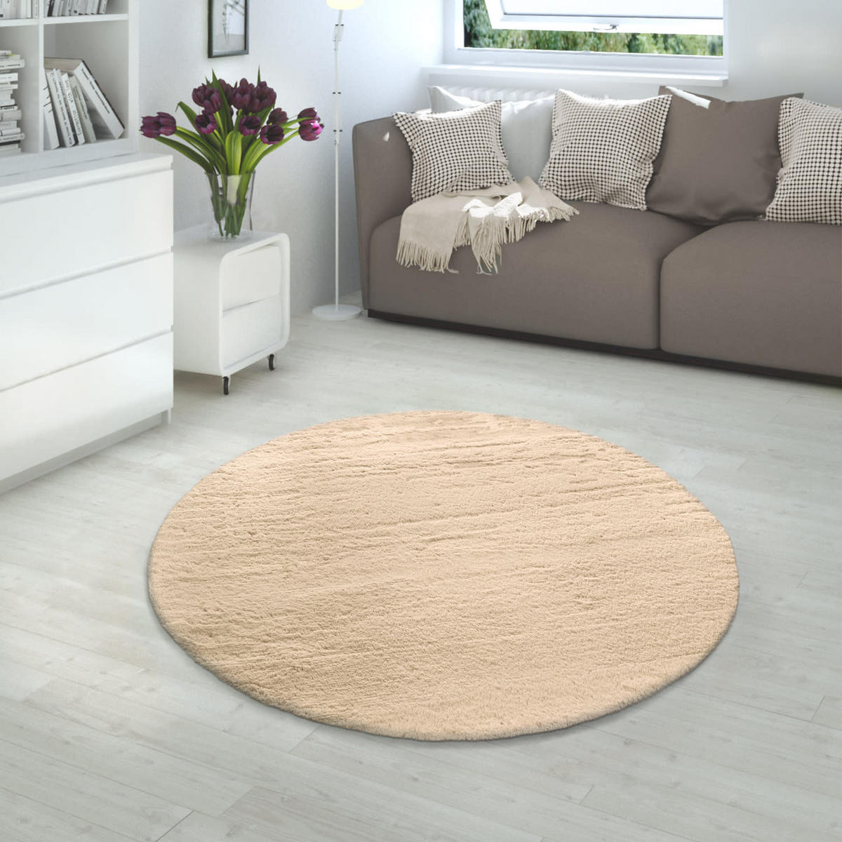 TEPPICH Hochflor Unifarben schmutzabweisend Sand Rund 200D - Beige, Textil (200/200cm) - KADIMA DESIGN