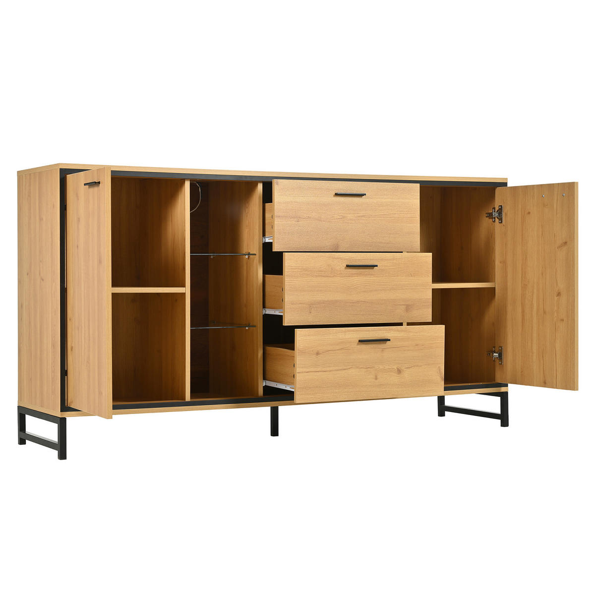 SIDEBOARD 160/40/85 cm in Holzfarbe aus Spanplatte mit 3 Schubladen und LED-Beleuchtung - Schwarz/Naturfarben, Glas/Holzwerkstoff (160/85/40cm) - CHICFURN
