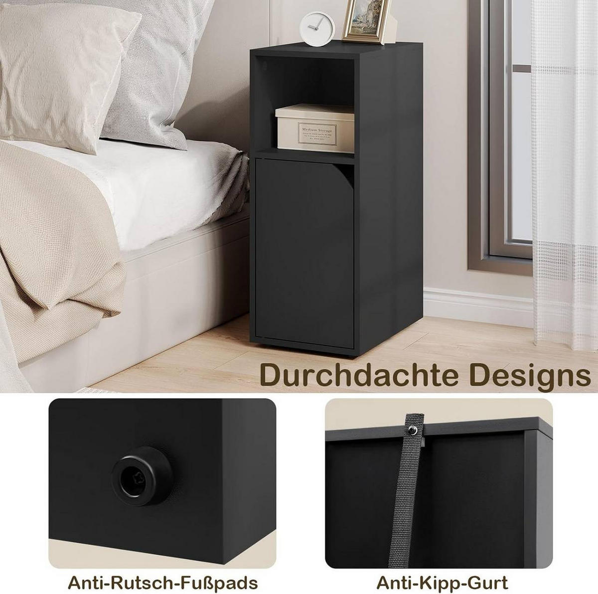 NACHTTISCH 2er Set schmal, mit offenem Fach und Tür, Schwarz - Schwarz, Holzwerkstoff (25/62/35cm) - Woltu