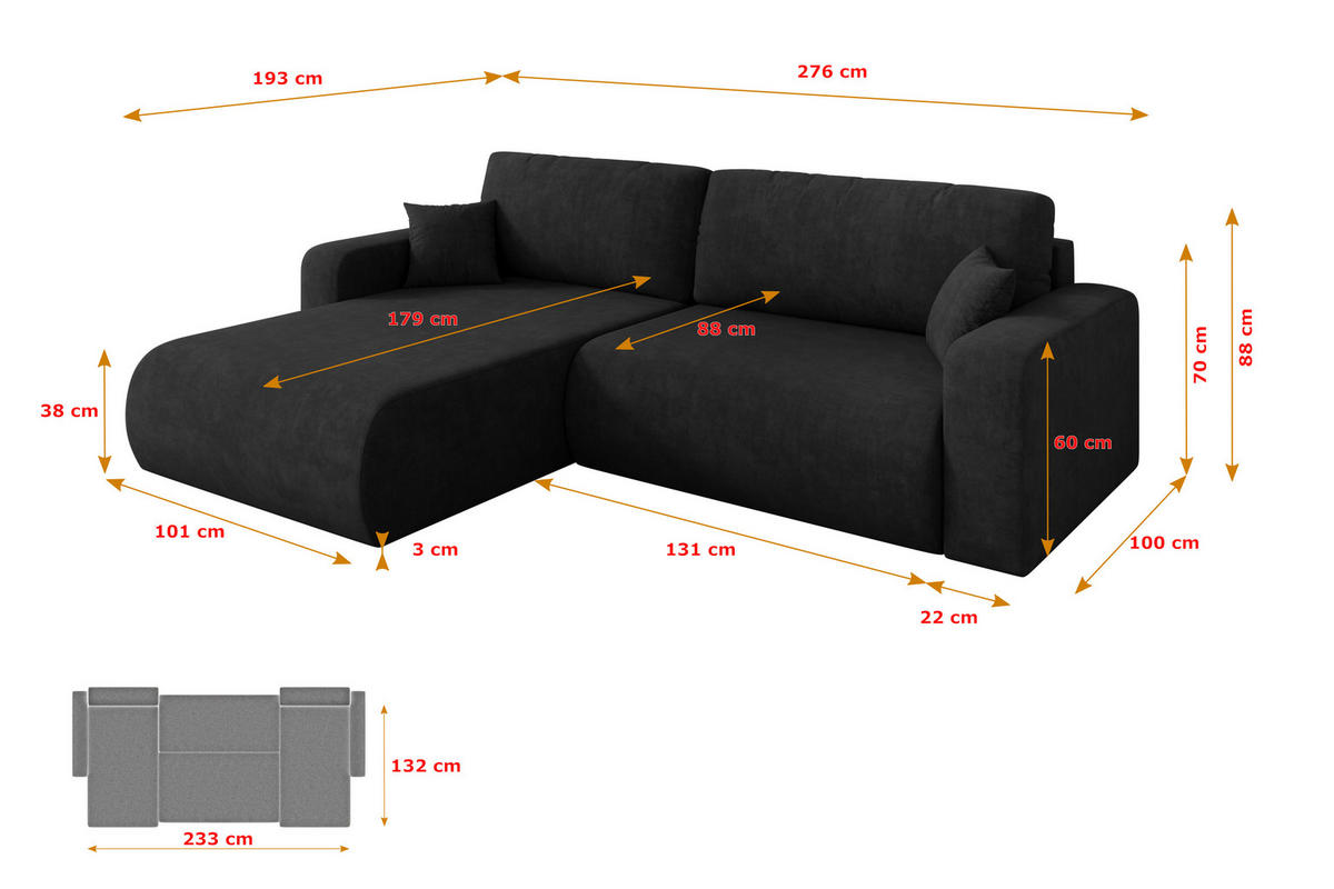 ROHOVÁ SEDAČKA s funkcí spaní, otoman vlevo BERY-L 276x193x88 černá velur - černá, kompozitní dřevo/textil (276/193cm) - ALTDECOR
