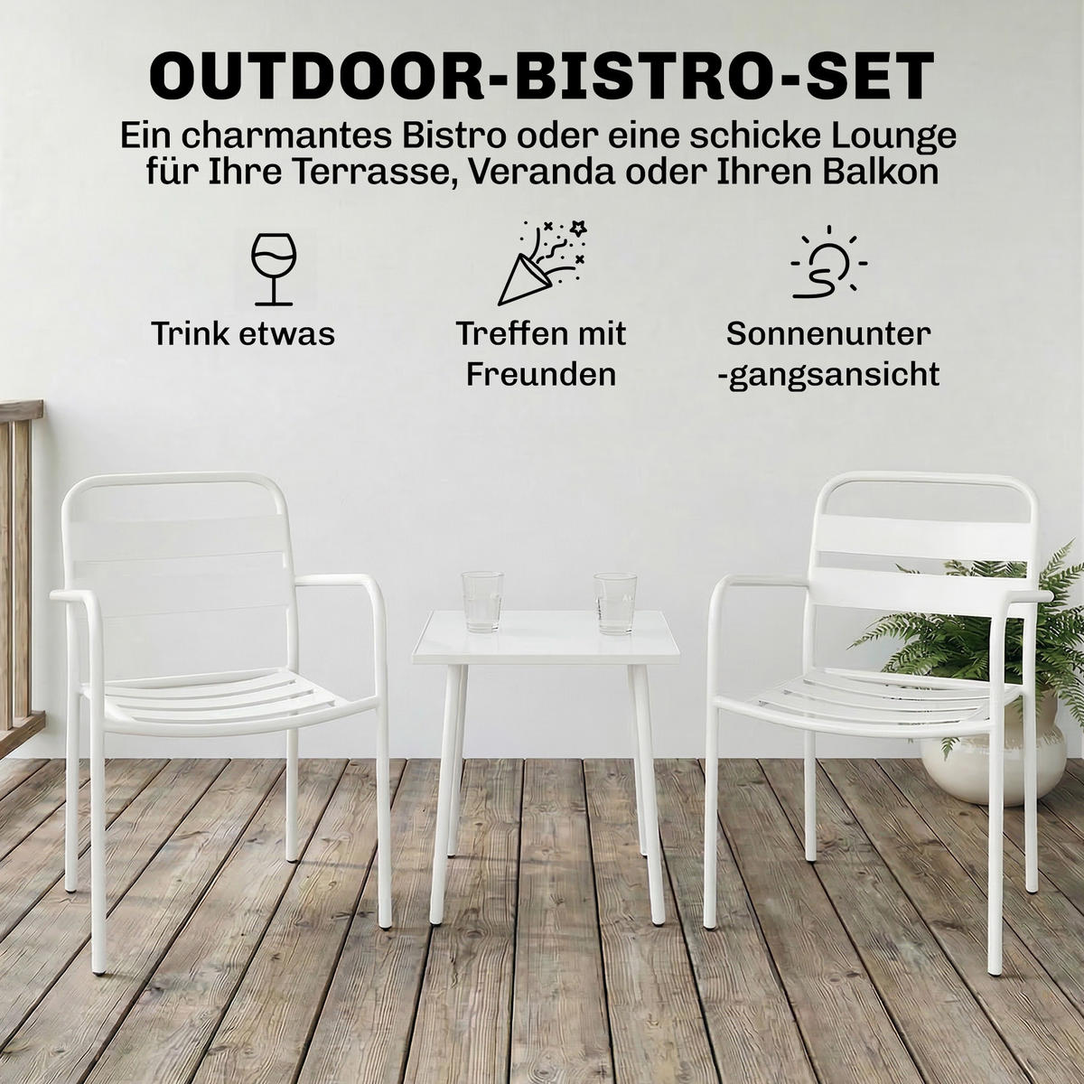BISTRO-SET 3er Set Galvanisierter-Stahl Gehärtetes-Glas Weiß - Weiß, Metall - Outsunny