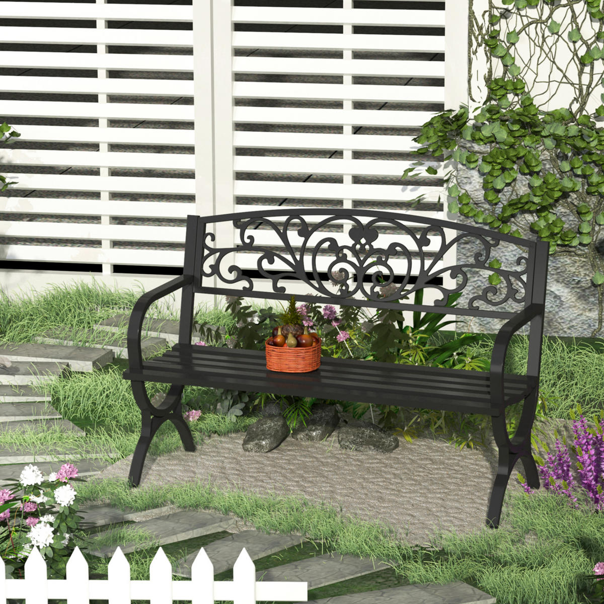 GARTENBANK,2-SITZER Eisen Blumenmuster,schwarz - Schwarz, Metall (127/85/60cm) - Vallsero