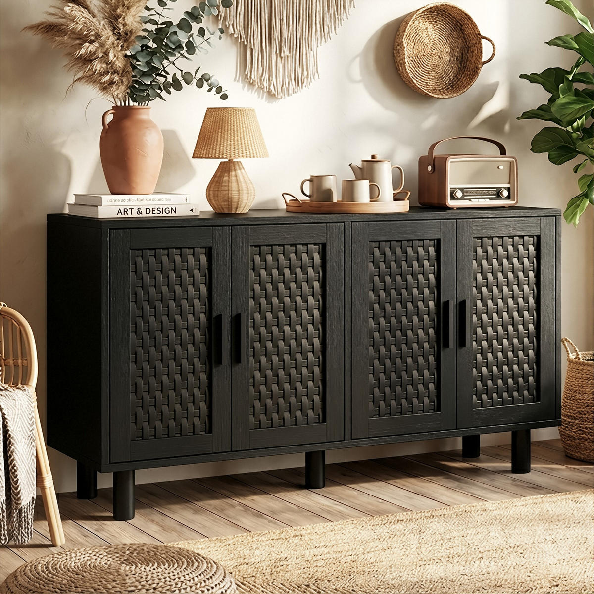 SIDEBOARD Japandi mit 4 Türen in Rattan-Optik 140/40/80 cm Schwarz - Schwarz, Holzwerkstoff (140/80/40cm) - Creahappy