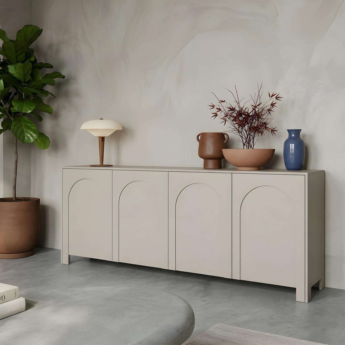 KOMMODE Amaro mit 4 Türen, gefrästen Bogenfronten, Push-to-Open, Kaschmir - Kaschmir, Holzwerkstoff (203/83/35cm) - Beautysofa