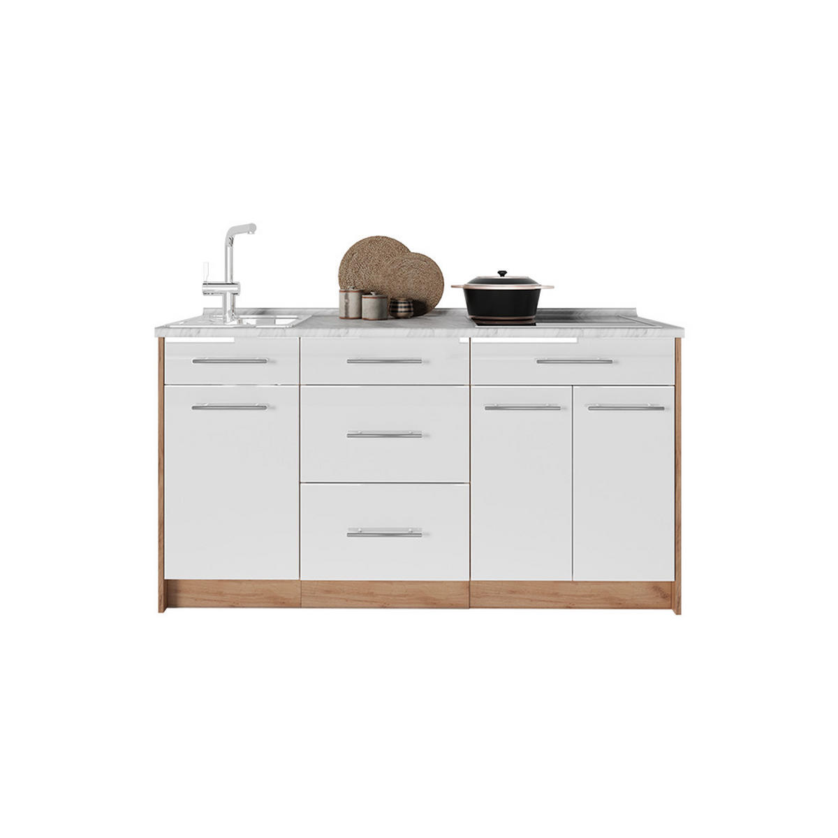 KUCHYNSKÝ BLOK Fame-Line, Biely vysoký lesk, 150 cm, AP Marble - biela s vysokým leskom/dub medový, kompozitné drevo (150/82/60cm) - Vicco