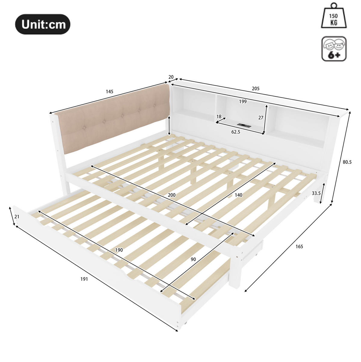 TAGESBETT 140/200 cm Weiß aus Kiefernholz und MDF mit Ausziehbett, Regal, USB-Anschluss und LED-Leiste - Weiß, Holz (140/200cm) - OKMYHOME