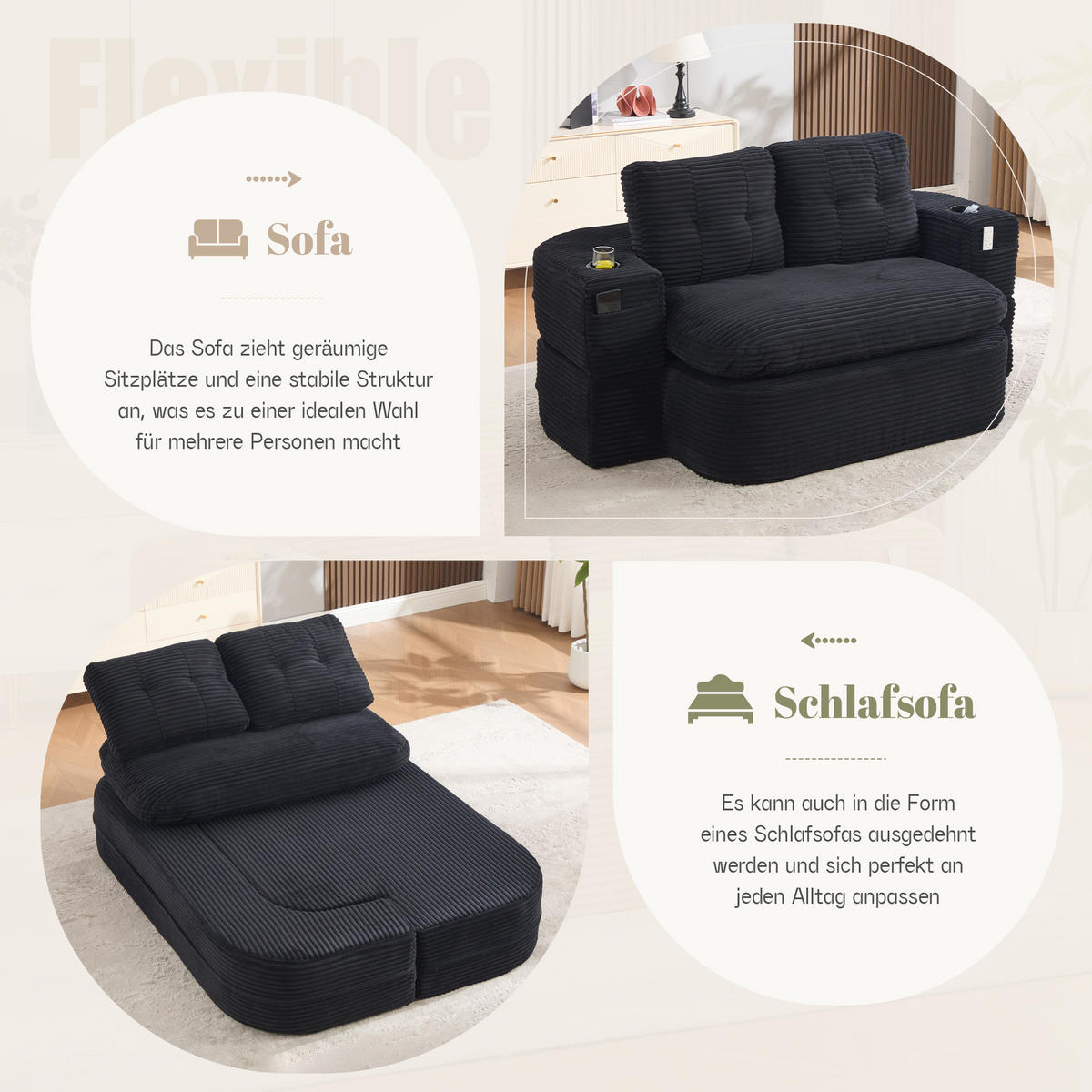 SOFA it Liegefunktion aus Cord mit verstellbaren Armlehnen und Getränkehaltern in Schwarz - Schwarz, Textil (165/61/97cm) - EVRYAE