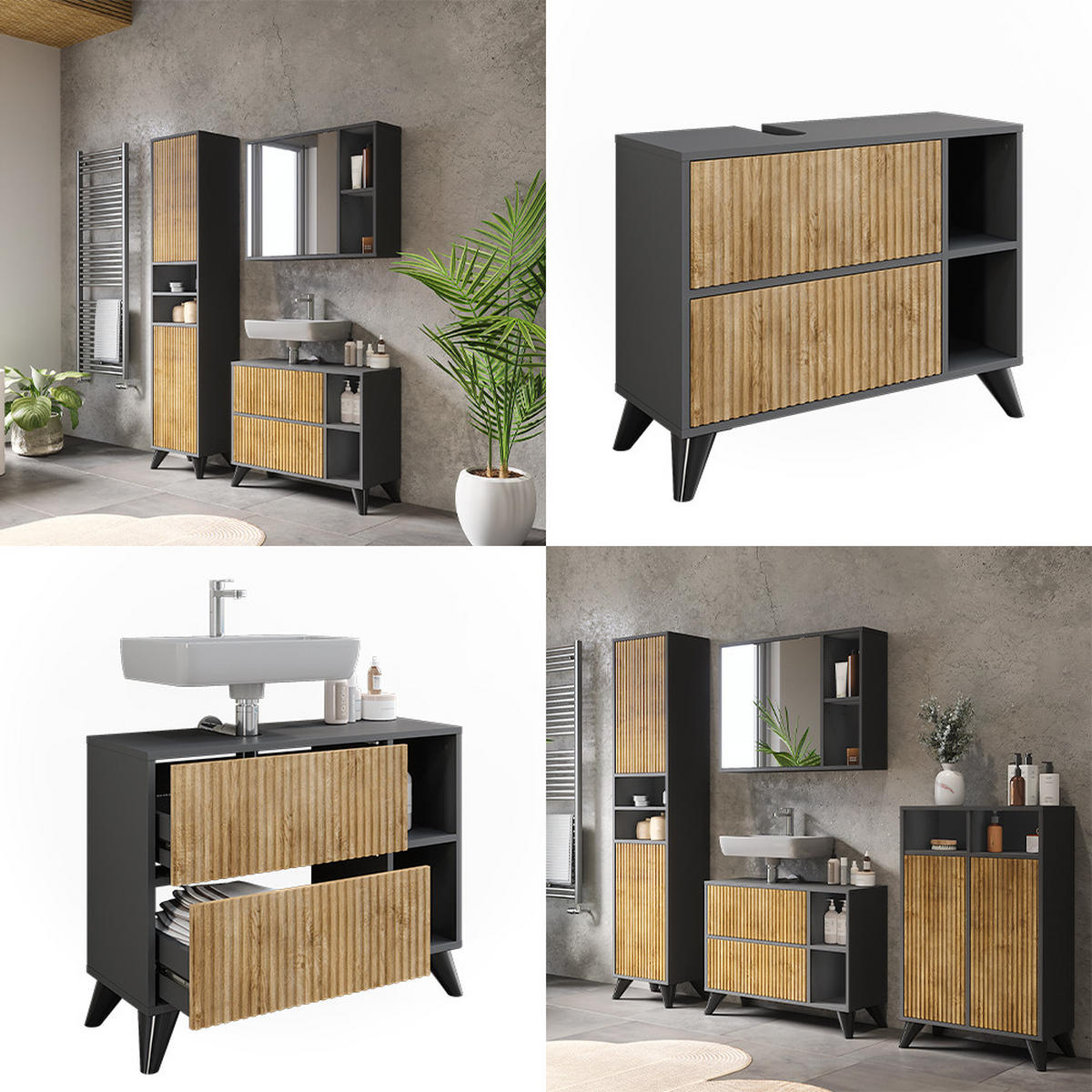 WASCHBECKENUNTERSCHRANK Leano Anthrazit/Bergeiche 80 x 62 cm mit 2 Schubladen - Anthrazit, Holzwerkstoff (80/62/30cm) - Vicco