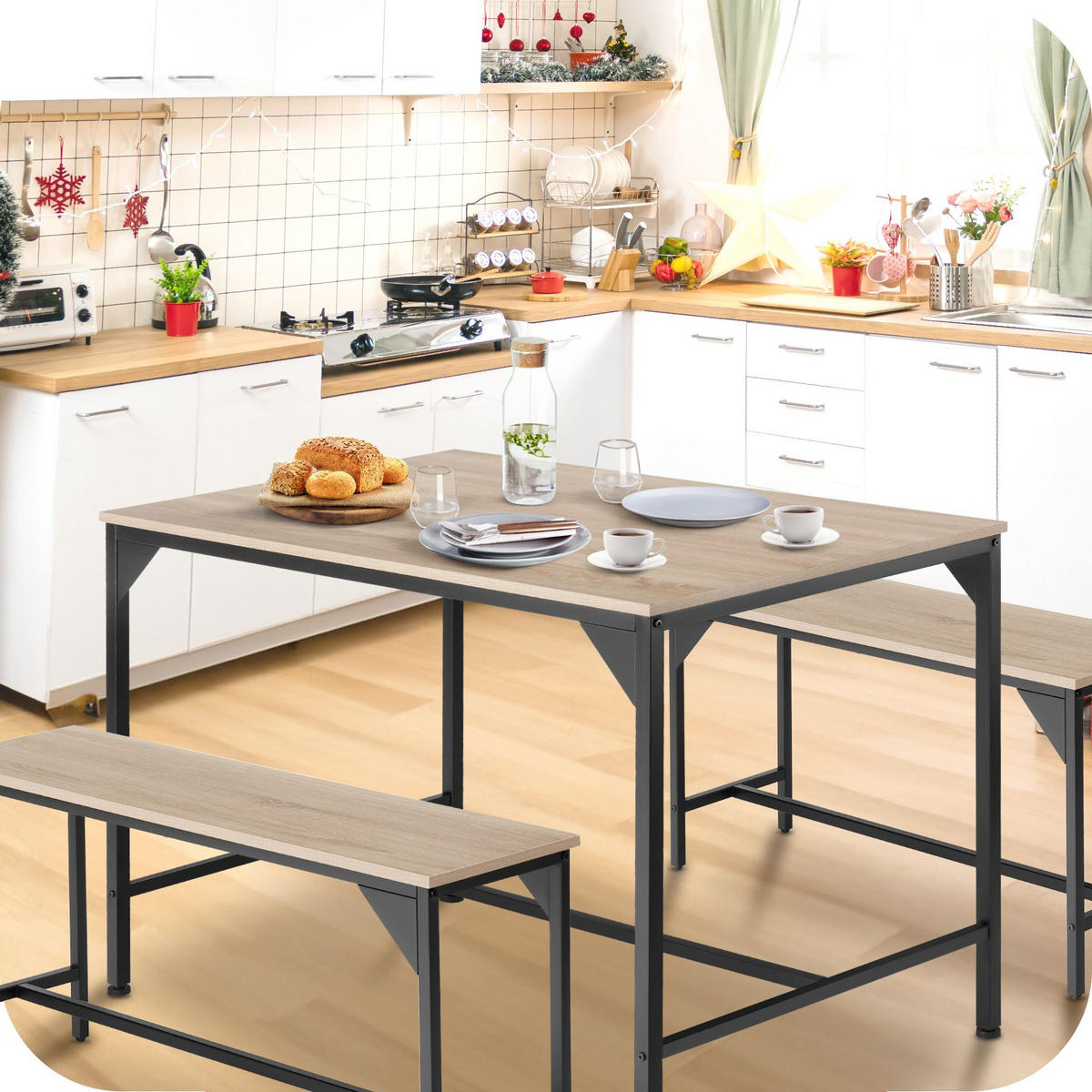 SITZGRUPPE Bolton,mit höhenverstellbaren Kunststofffüßen,Industrial Holz hell, Eiche Sonoma - Naturfarben, Holz (130/75/100cm) - tectake
