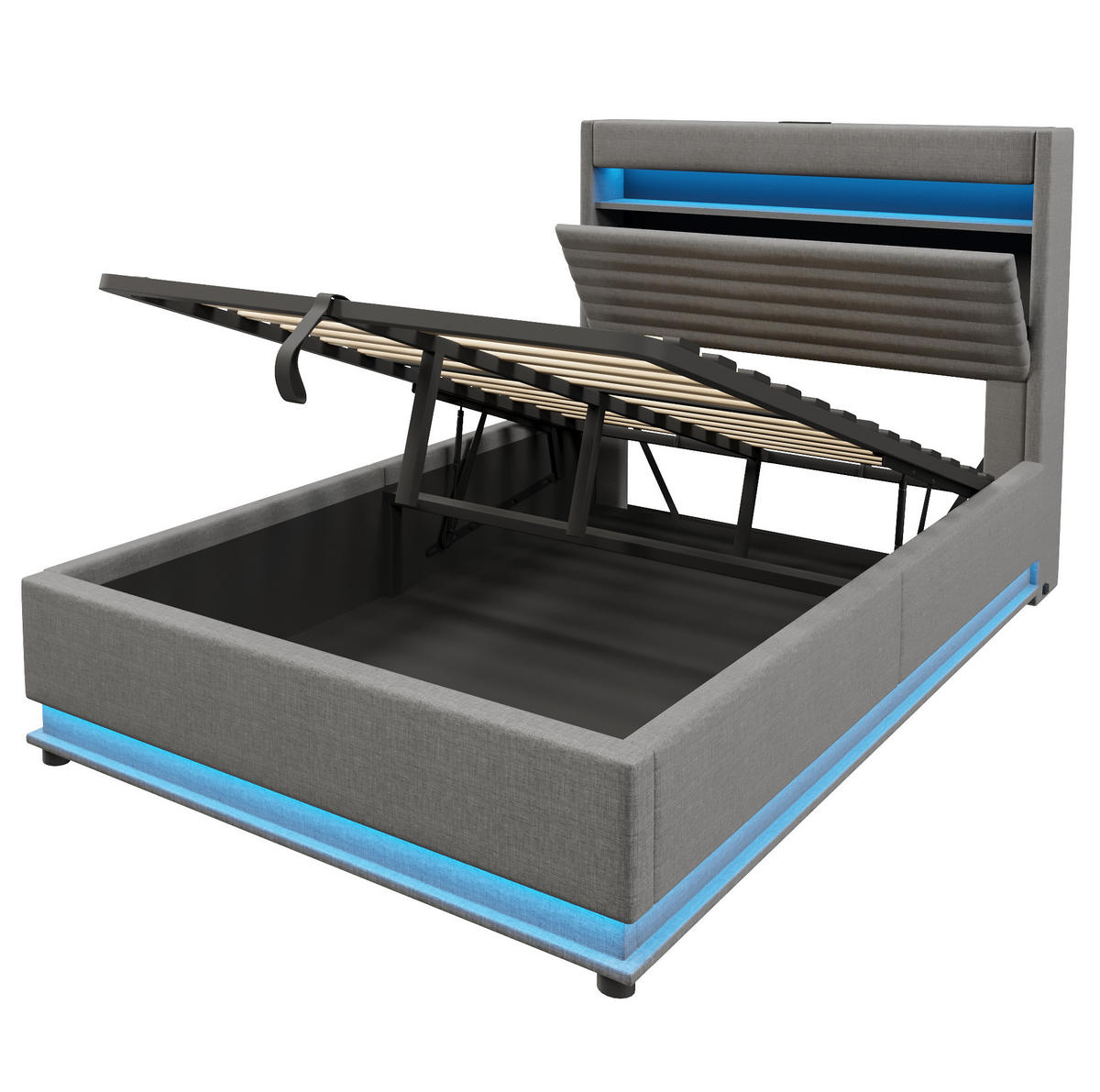 POLSTERBETT 140/200 cm mit LED-Beleuchtung, USB- und Typ-C-Anschluss, hydraulischem Stauraum, Leinen, Grau - Grau, Textil (140/200cm) - Redom