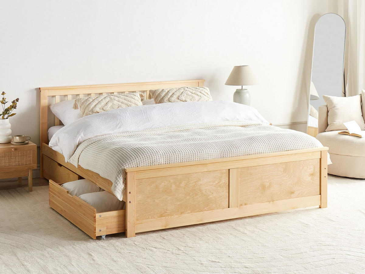 BETT mit Schubladen 180x200 cm Heller Holzfarbton Olendon - Hellbraun, Holz (180/200cm) - Beliani