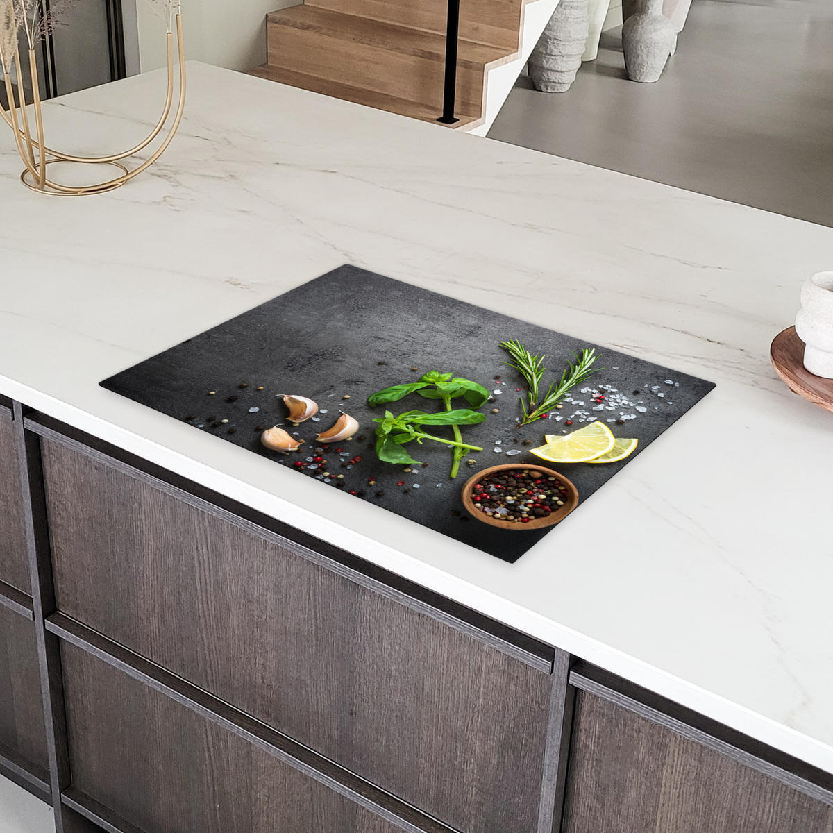 HERDABDECKPLATTE Limette - Kräuter - Gewürze - Grün - Grau - Beton 75x52 cm - Grün, Kunststoff (75/0.2/52cm) - MuchoWow