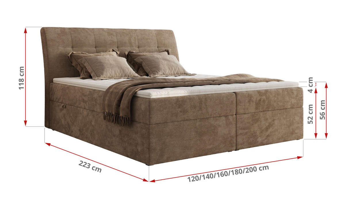 BOXBETT DAGOS 120/200 - Braun Schenille glatt - H3 - Topper T25 - Braun, Textil (120/200cm) - MKS