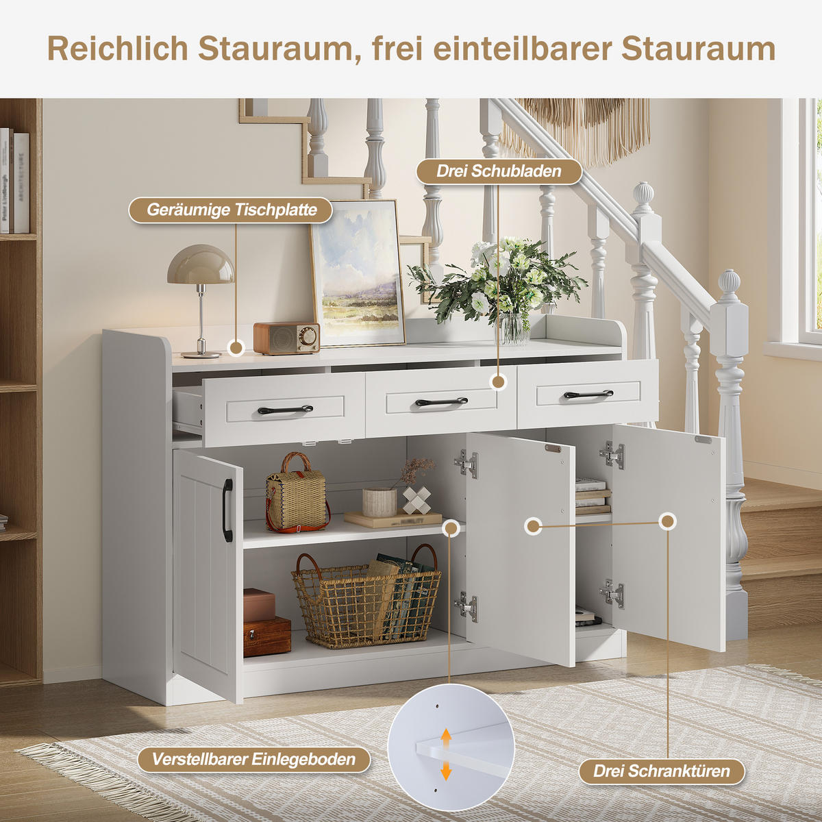 SIDEBOARD Weiß 3 Türen 3 Schubladen 120x35x80cm Stauraum - Weiß, Holzwerkstoff (35/80/120cm) - FLIEKS