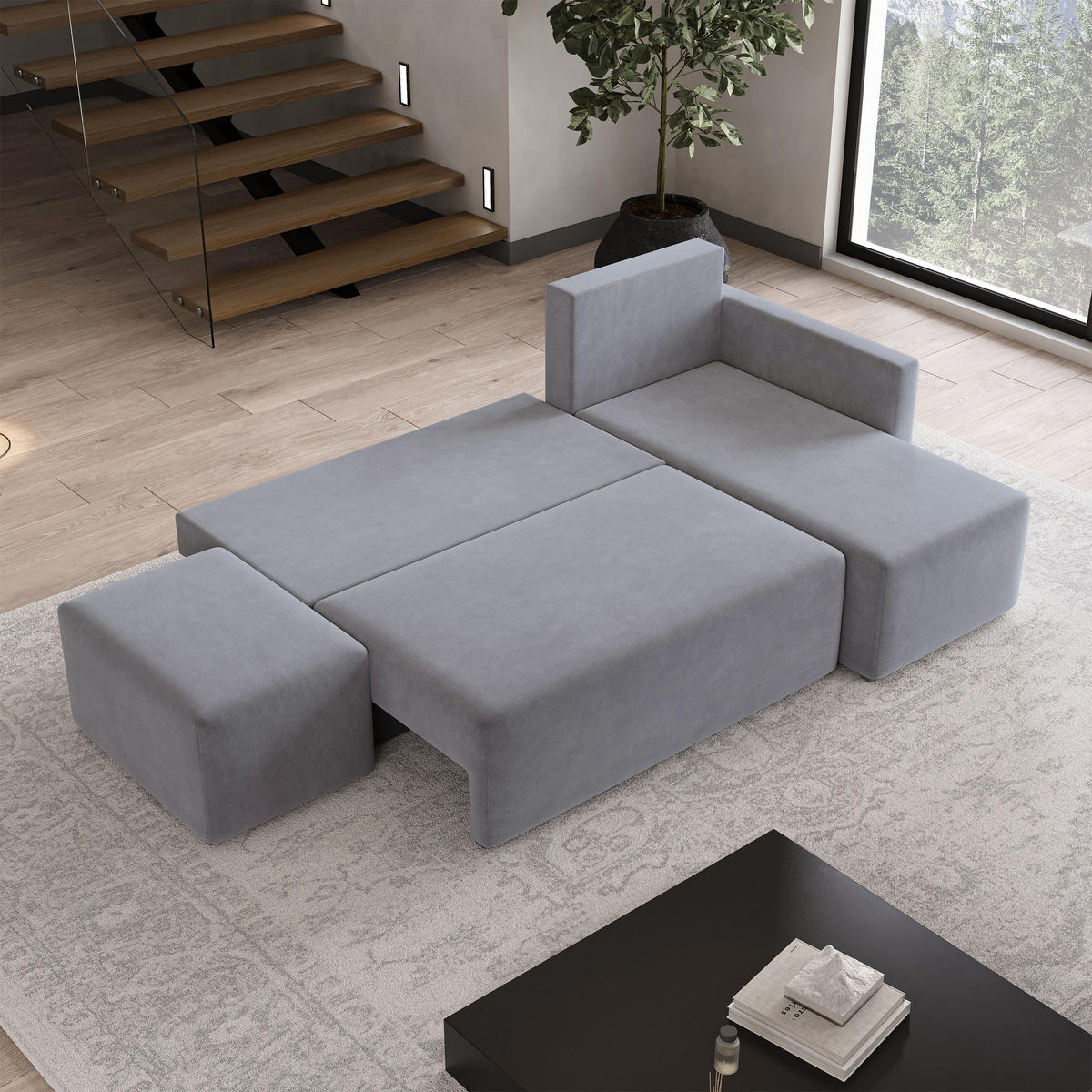 ECKSOFA VELOTTI R-S Grau Plüsch-Stoff mit Schlaffunktion - Grau, Holz (261/143cm) - MASSENO