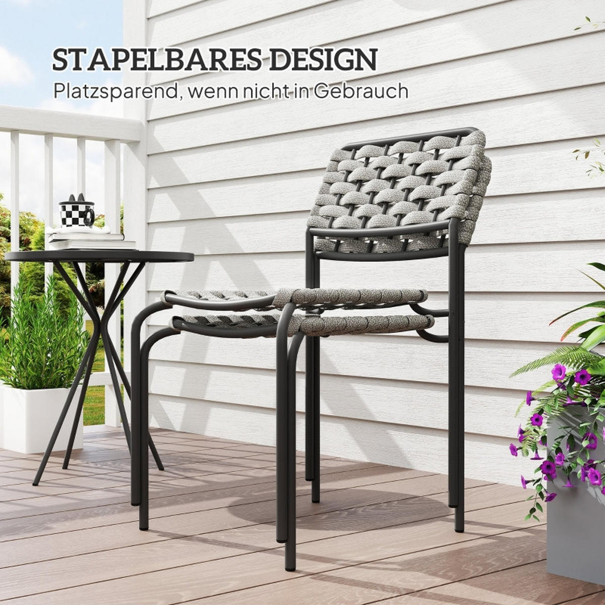 BALKONSET 3-teilig,48×48×60cm,Stapelbare Stühle mit Rattan Tisch - Grau, Metall - Modfu
