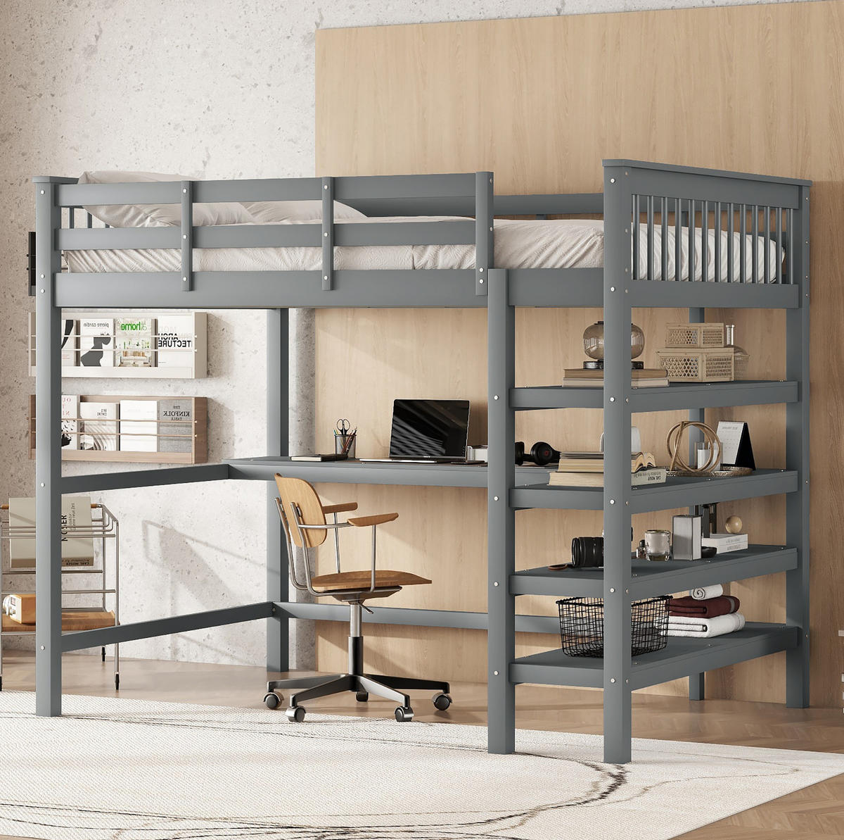 HOCHBETT 140/200 cm Grau aus Kiefernholz mit Schreibtisch und Ablagefächern - Grau, Holz (140/200cm) - OKMYHOME