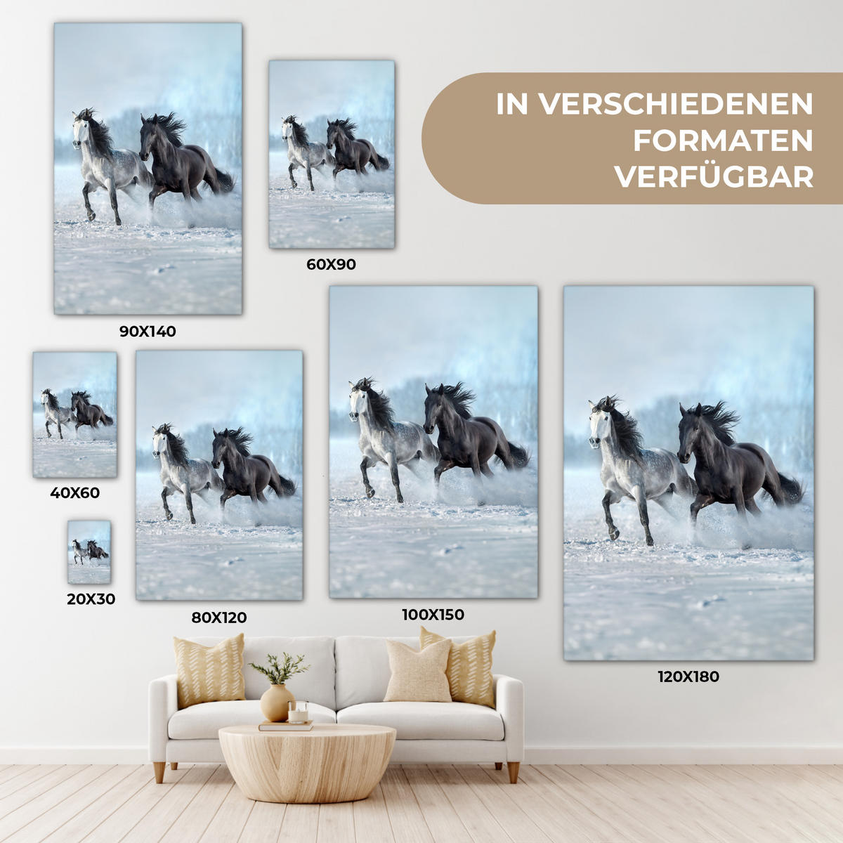 LEINWANDBILD Pferde - Winter - Tiere - Natur - Schnee 80x120 cm - Anthrazit, Textil (80/120cm) - MuchoWow