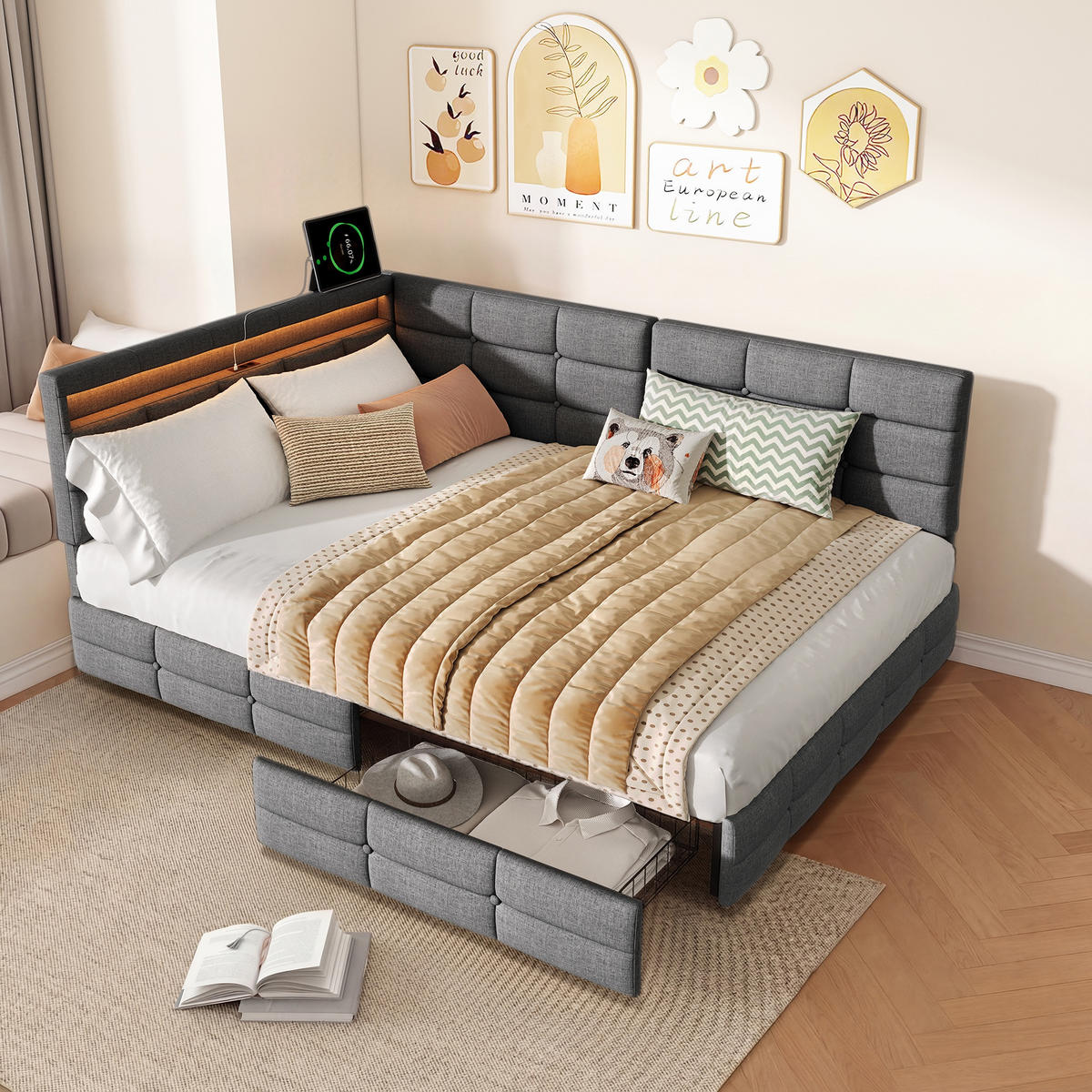 POLSTERBETT 140x190cm Tagesbett mit LED-Beleuchtung und Schublade – Leinen Grau - Grau, Textil (140/190cm) - DELFA