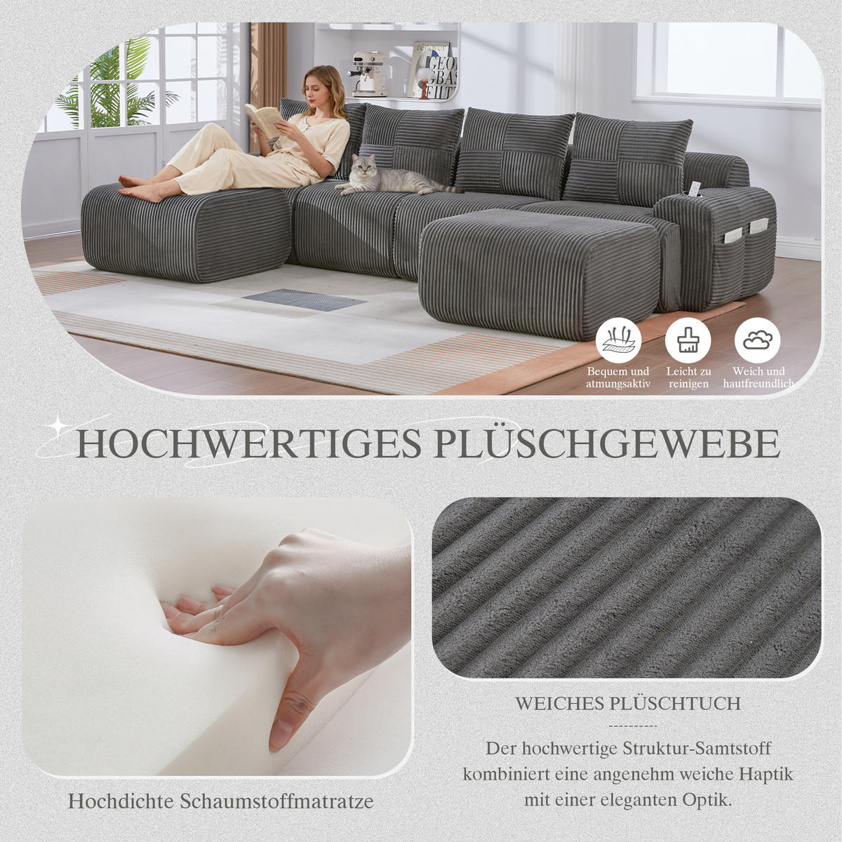 4-SITZER Wohnlandschaft Cord mit Getränkehalter und Seitentasche inklusive 2 Hocker 333/174/80 cm Dunkelgrau - Dunkelgrau, Textil (174/80/333cm) - Redom