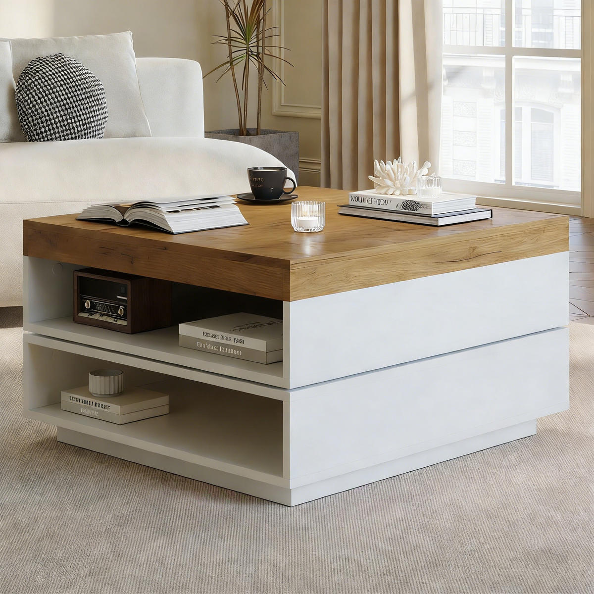 COUCHTISCH 65/65/40 cm weiß und eichefarben aus MDF mit 360° drehbarer Tischplatte und LED - Weiß, Holzwerkstoff (65/65/40cm) - OKWISH