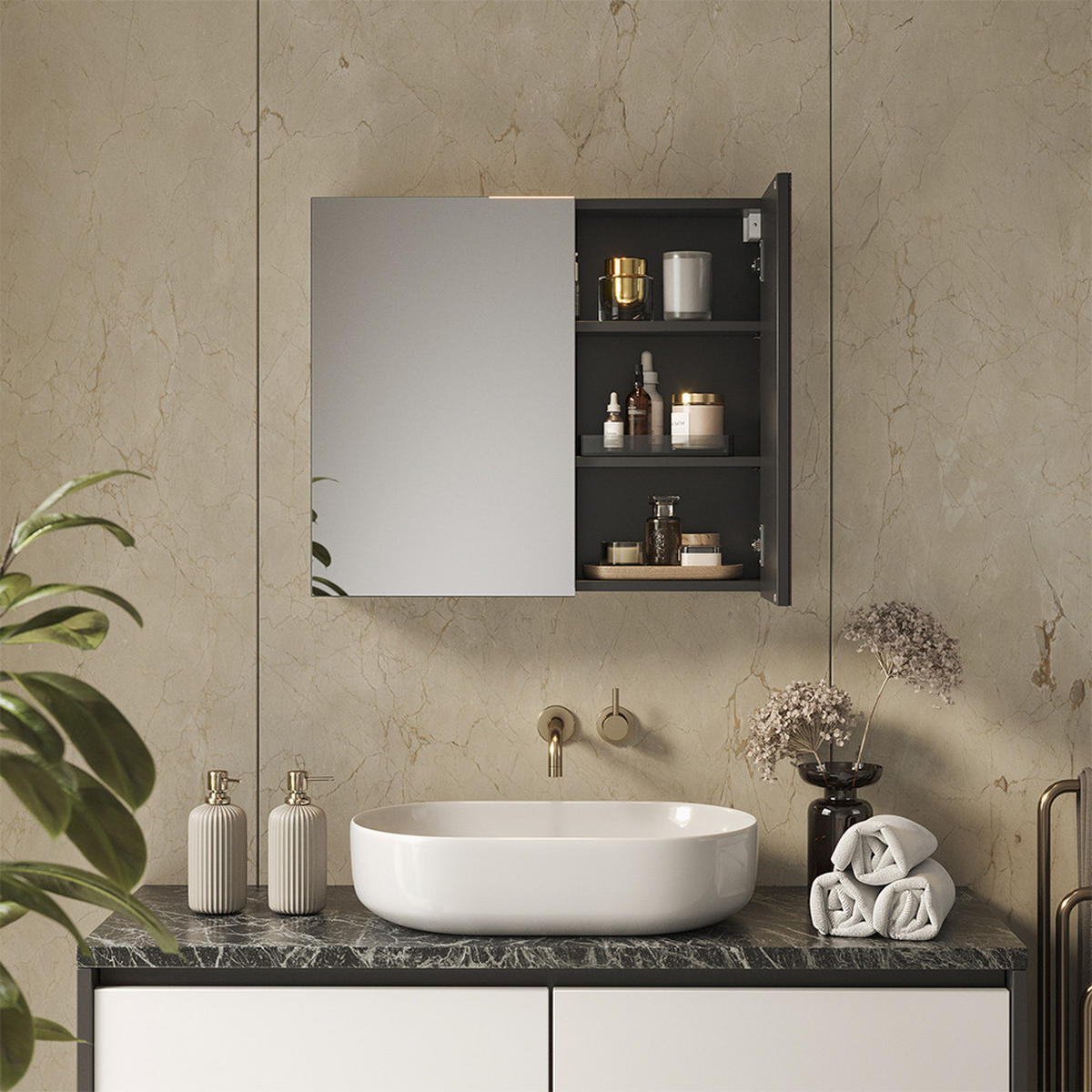 KOPALNIŠKA OMARICA Z OGLEDALOM Lavia, Antracit, 70 x 60.2 cm - antracit, leseni material (70/170/17cm) - Vicco