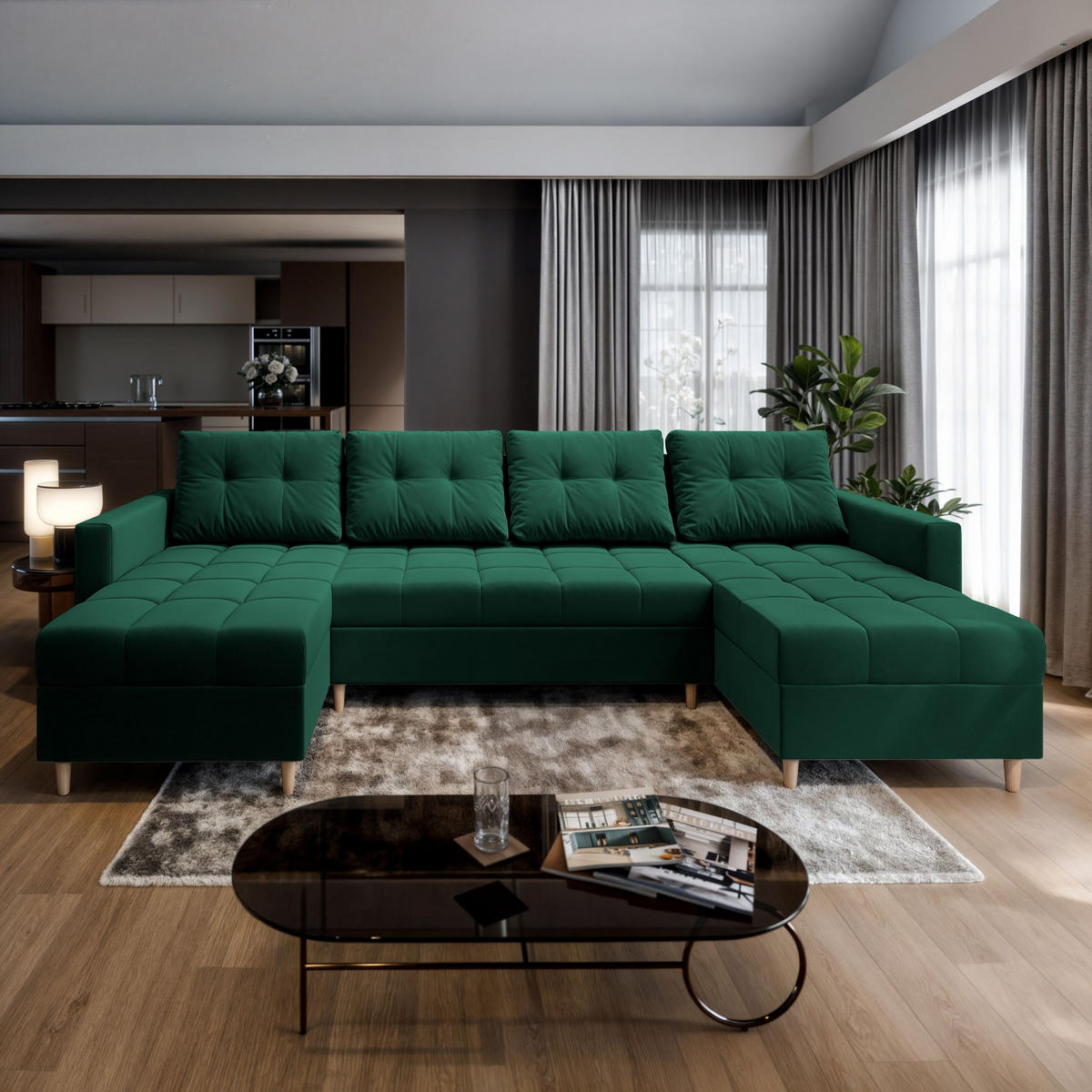 WOHNLANDSCHAFT MILO U Grün Plüsch-Stoff mit Schlaffunktion - Grün, Holz (285/91/140cm) - MASSENO