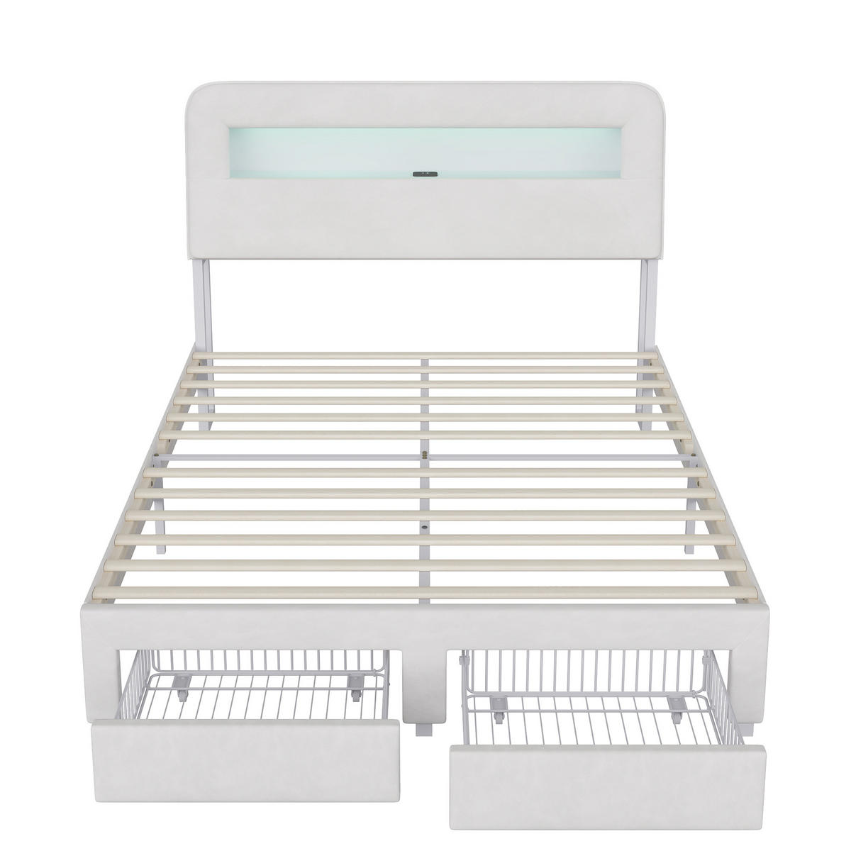 POLSTERBETT 140x200 cm, USB und LED, mit 2 Schubladen, Doppelbettrahmen 140x200 cm, Samt in Cremeweiß - Beige, Holzwerkstoff/Textil (140/200cm) - GENKI LIVING