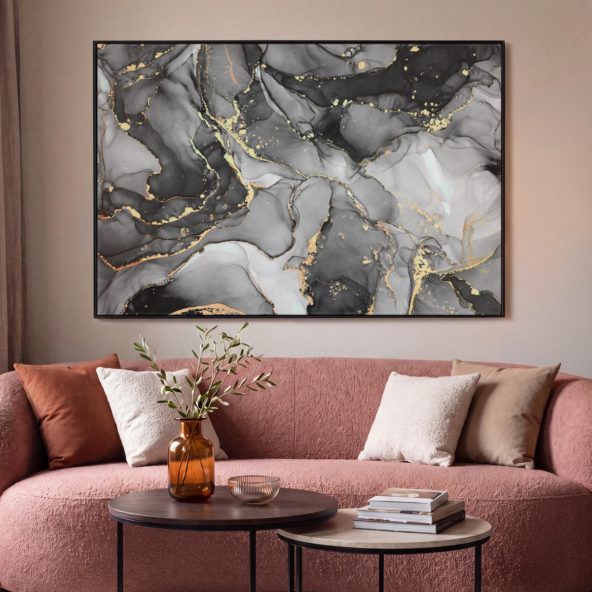 LEINWAND Bilder mit Rahmen - Grau - Luxus - Gold - Marmor - 120x80 - Dunkelgrau, Textil (120/80cm) - MuchoWow