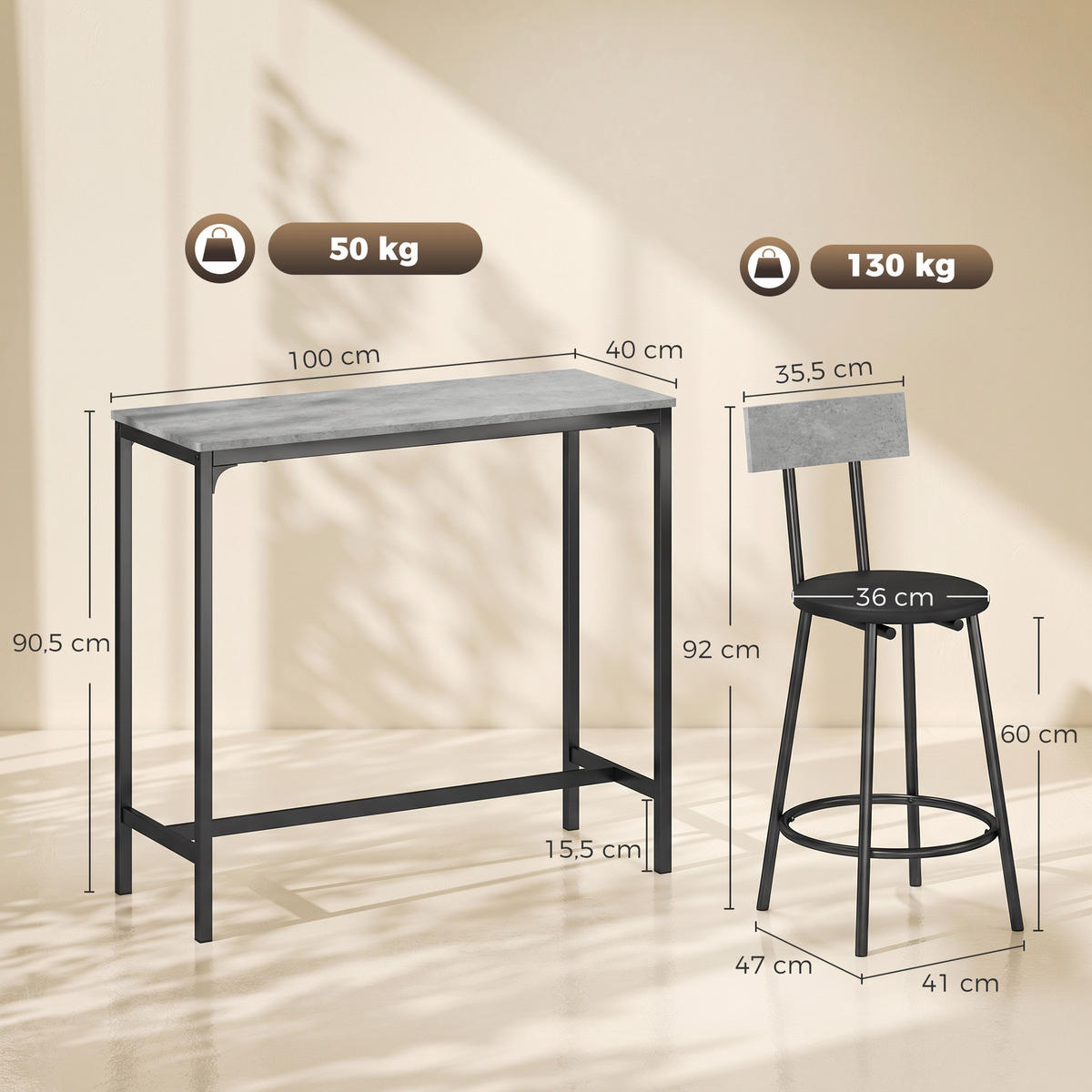 BAR-SET Grau 100.0/40.0/90.5cm - Grau, Holzwerkstoff (40/90.5/100cm)