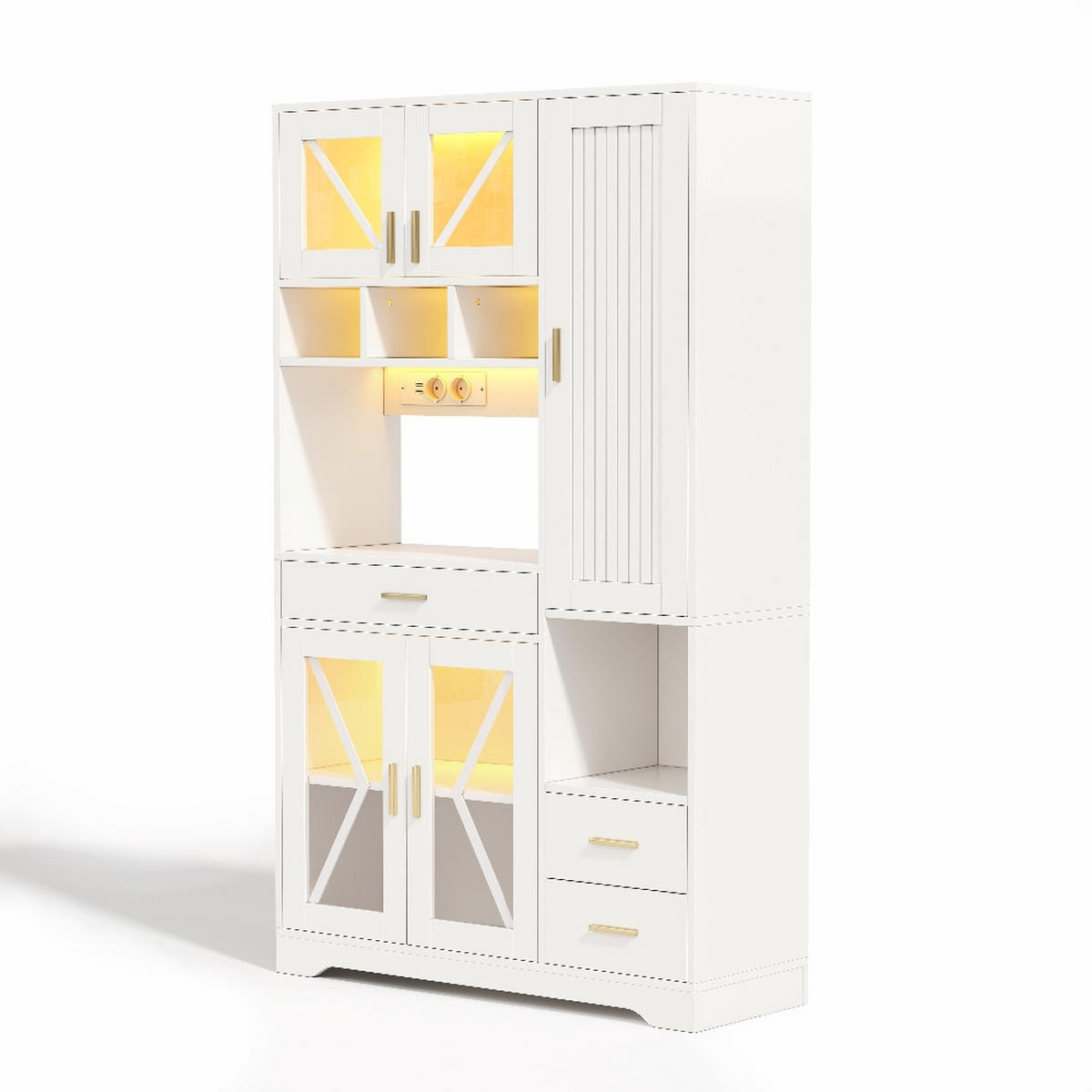 KÜCHENSCHRANK Buffetschrank, SCHEUNENSTIL MIT LED BELEUCHTUNG, Steckdosen, Glastüren, MDF, Vintage, 105/40/185 cm - Weiß, Kunststoff (40/185/105cm) - Rolipo