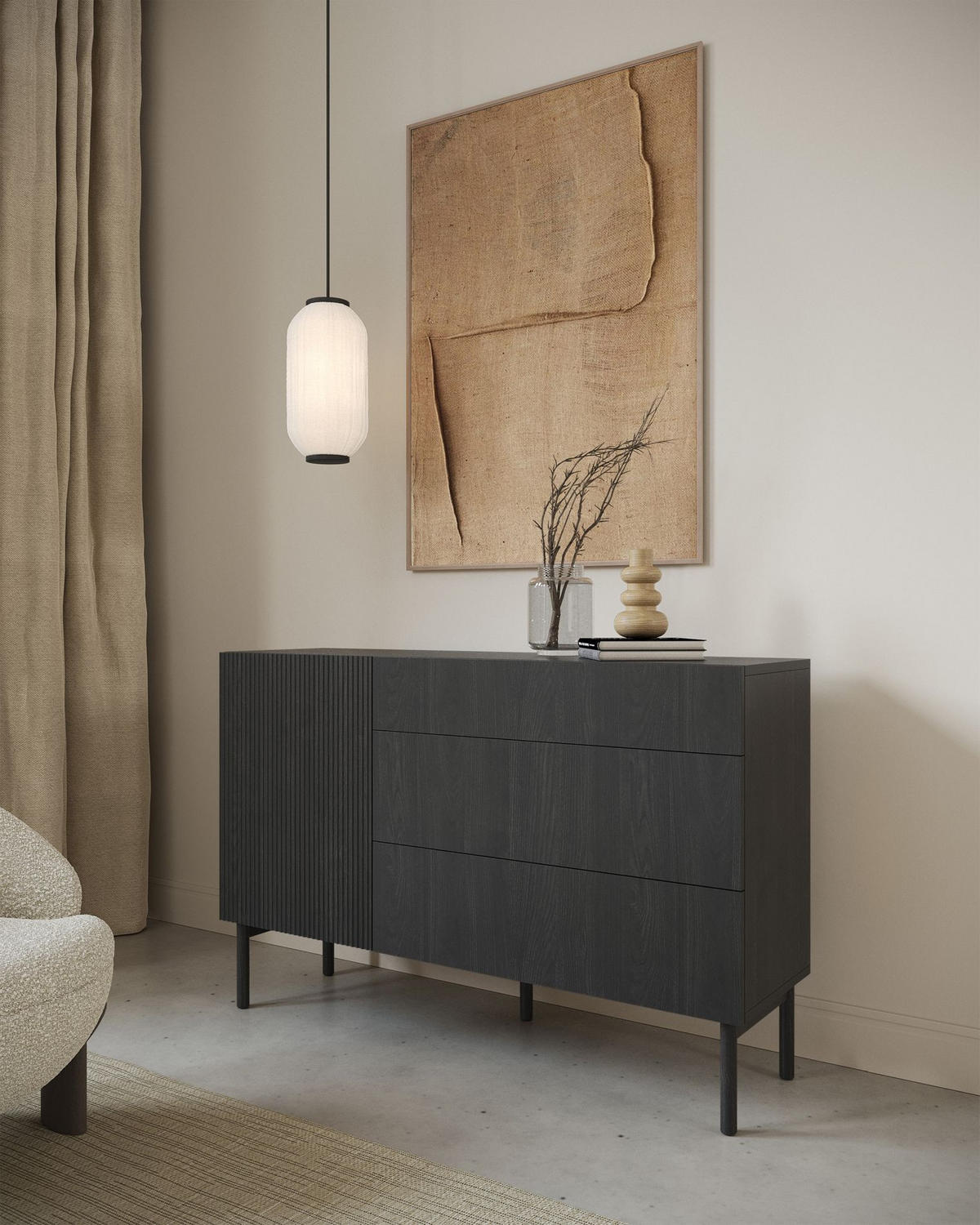 KOMODA Nolie dekor jaseň čierna s 3 zásuvkami 140 cm - čierna, drevo/kompozitné drevo (140/90.6/38cm) - Selsey