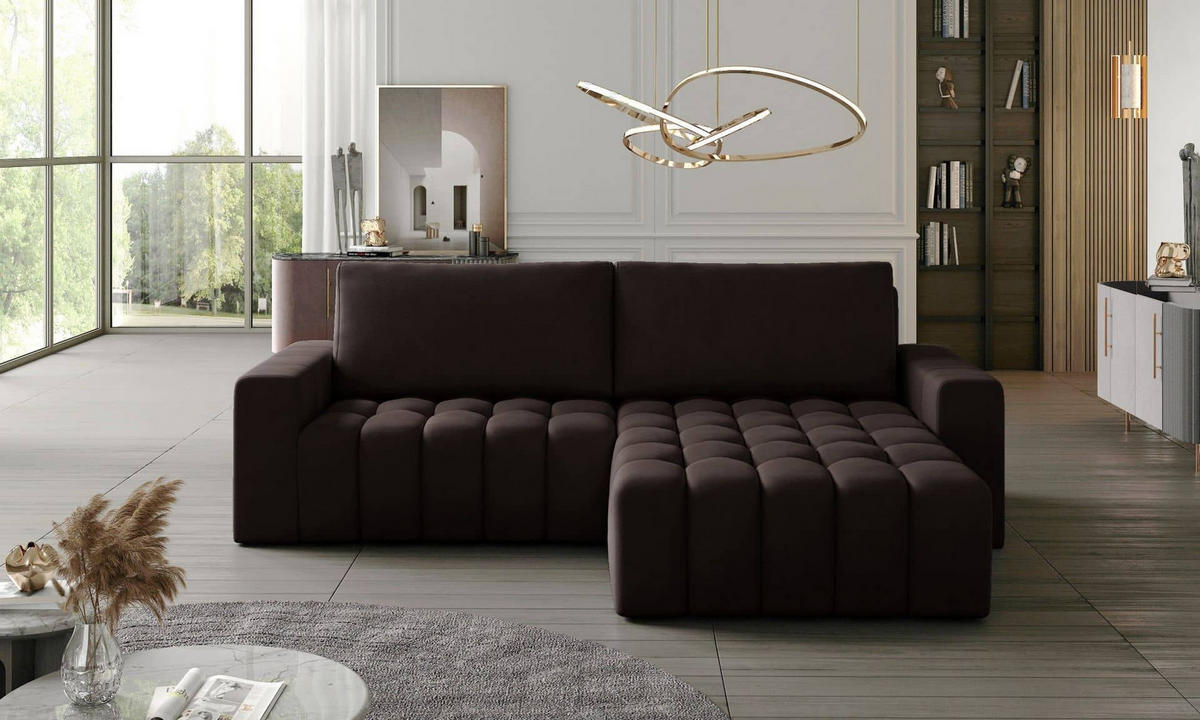 ECKSOFA mit Schlaffunktion und Bettkasten, Velours-Stoff - Dunkelbraun/Schwarz, Textil (175/250cm) - Eltap