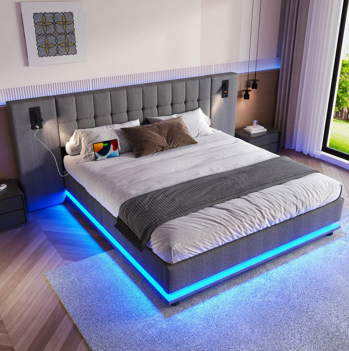 ČALOUNĚNÁ postel s LED páskem, 180/200 cm šedá, s USB a světlem v čele - šedá, textil (180/200cm) - BEAOK