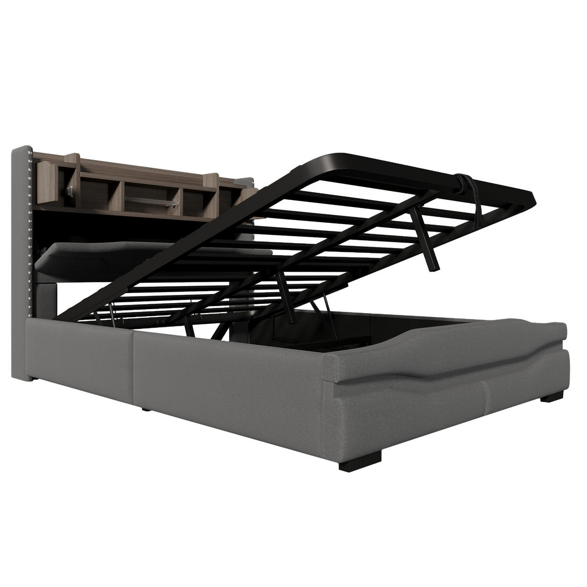 POLSTERBETT 140x200cm Grau USB-C LED-Licht Kopfteil Hydraulik - Grau, Holz (140/200cm) - FLIEKS